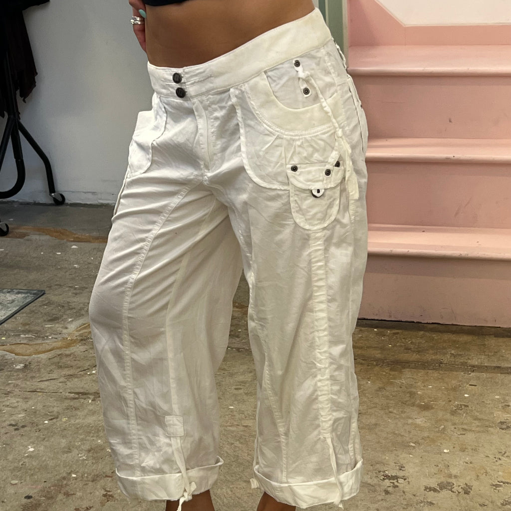 White wide leg baggy cargo capris
