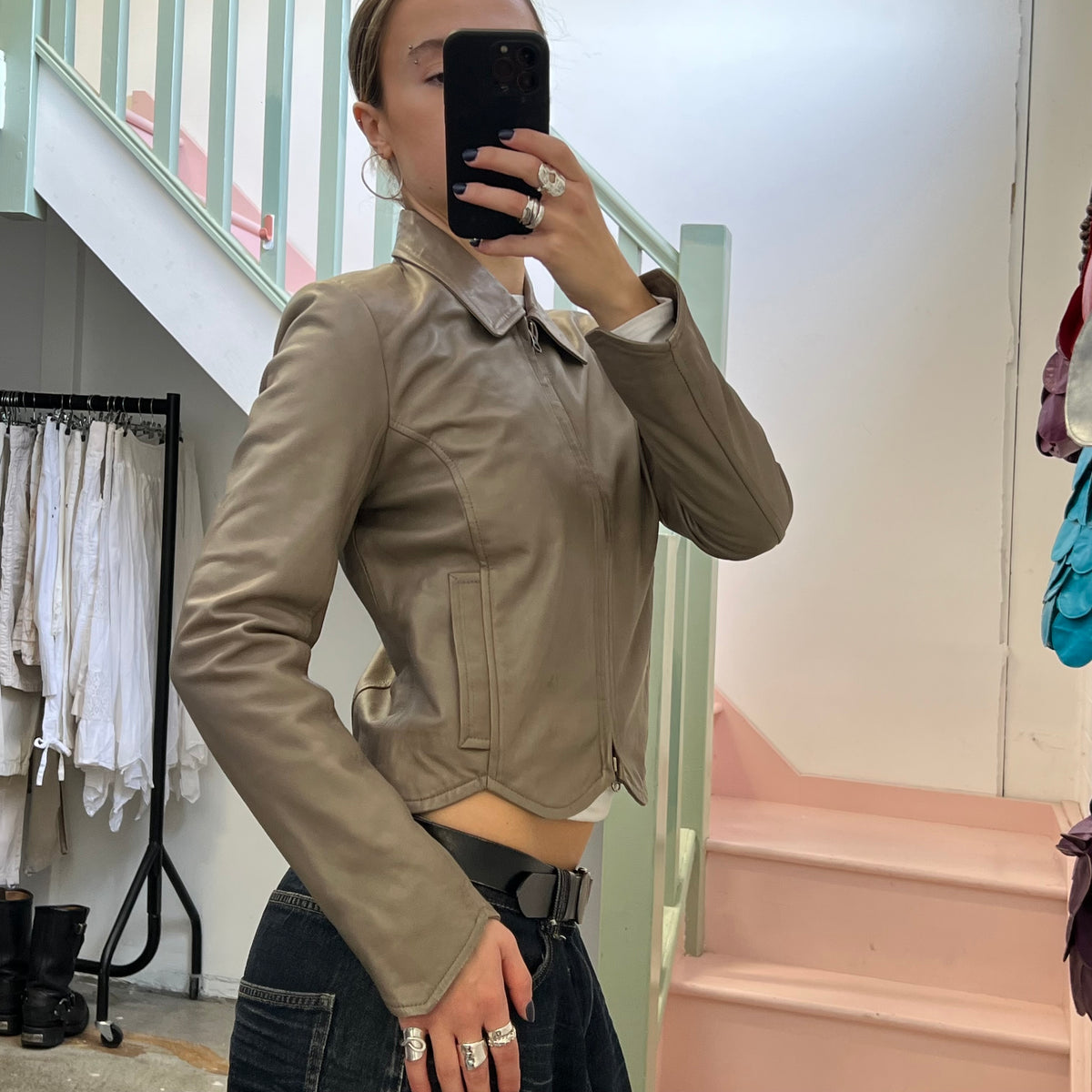 Brown scallop hem leather zip up jacket