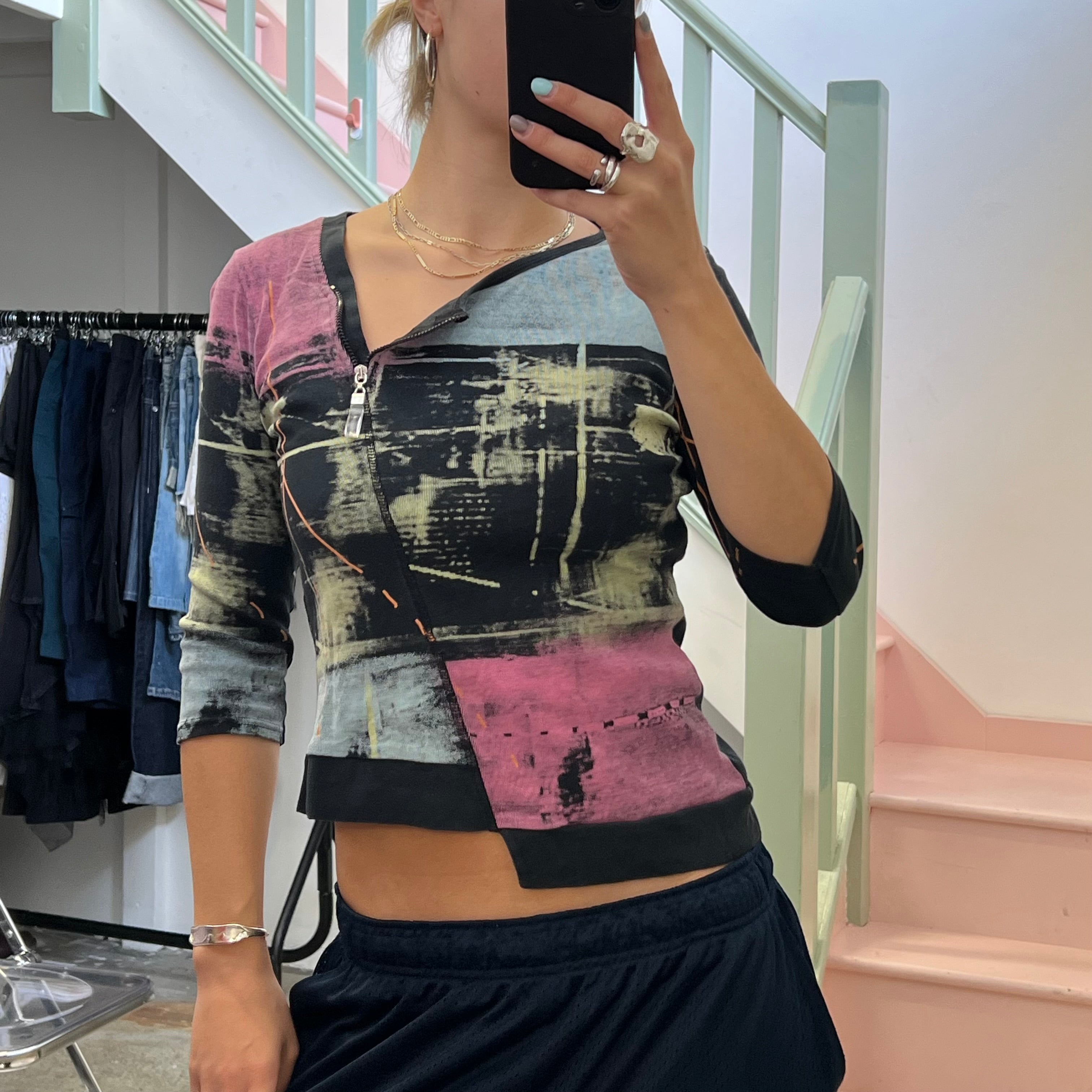 Graphic print asymmetrical printed top