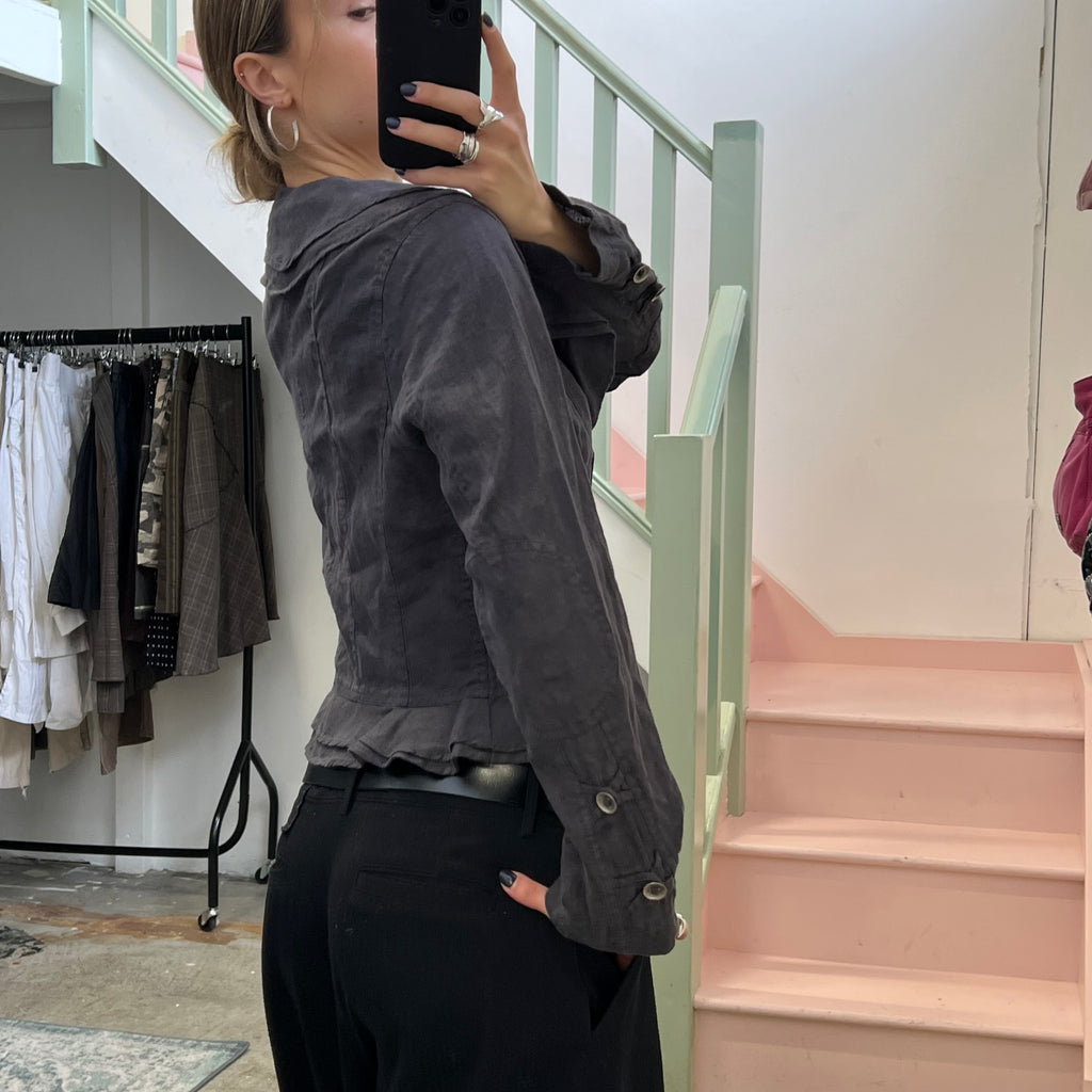 Grey linen ruffle blazer