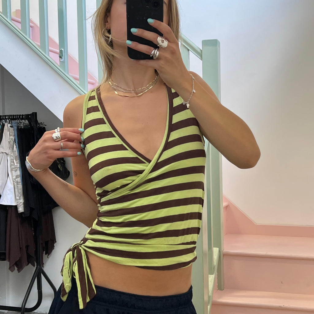 Green and brown striped v neck vest