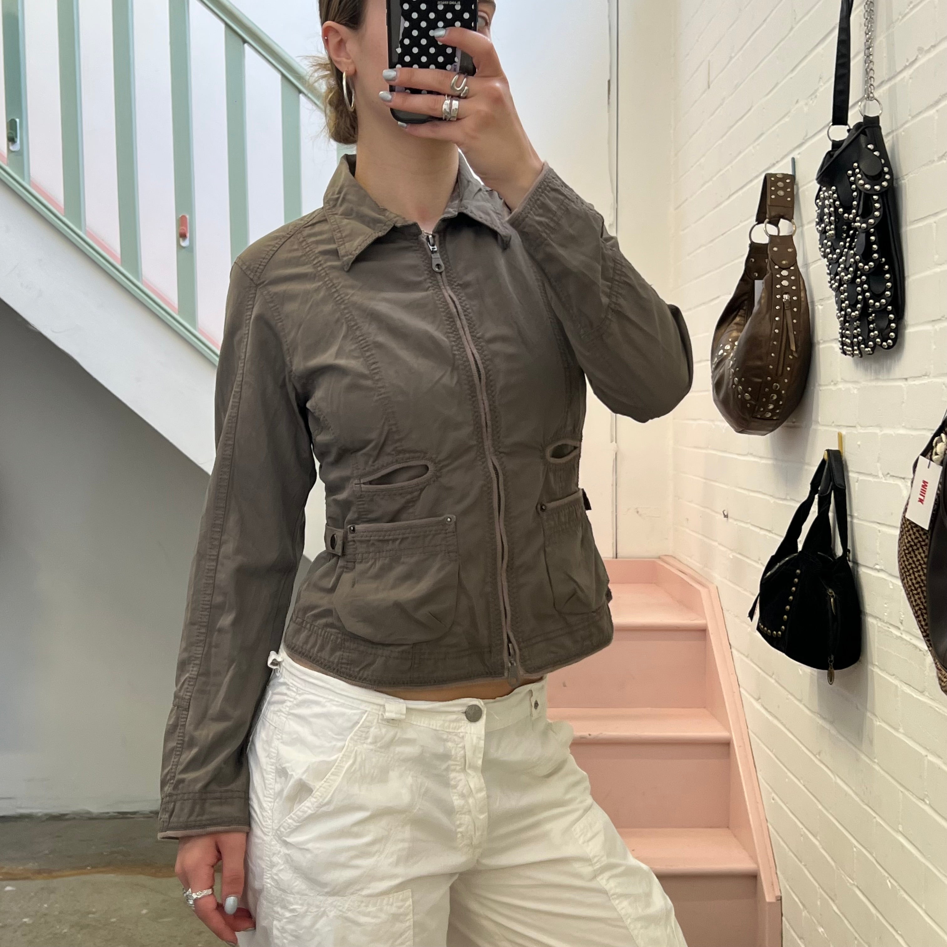 Khaki grey lightweight fitted zip up biker jacket