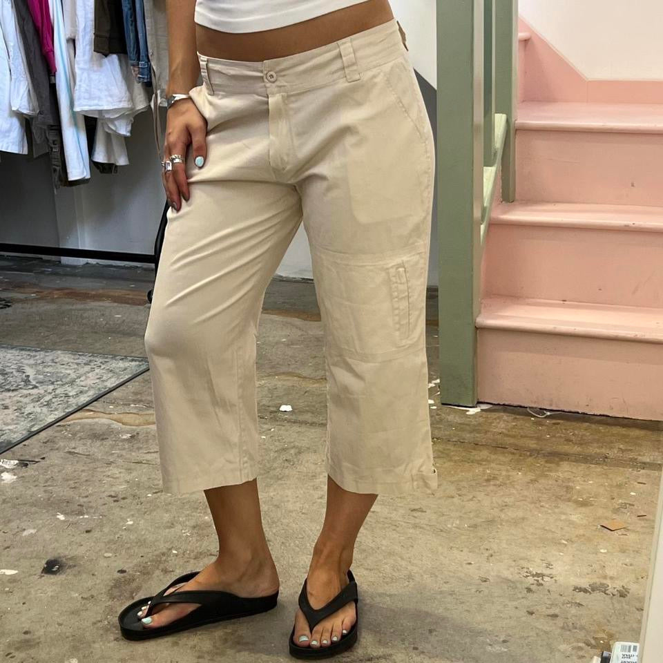 Cream wide leg cargo capris