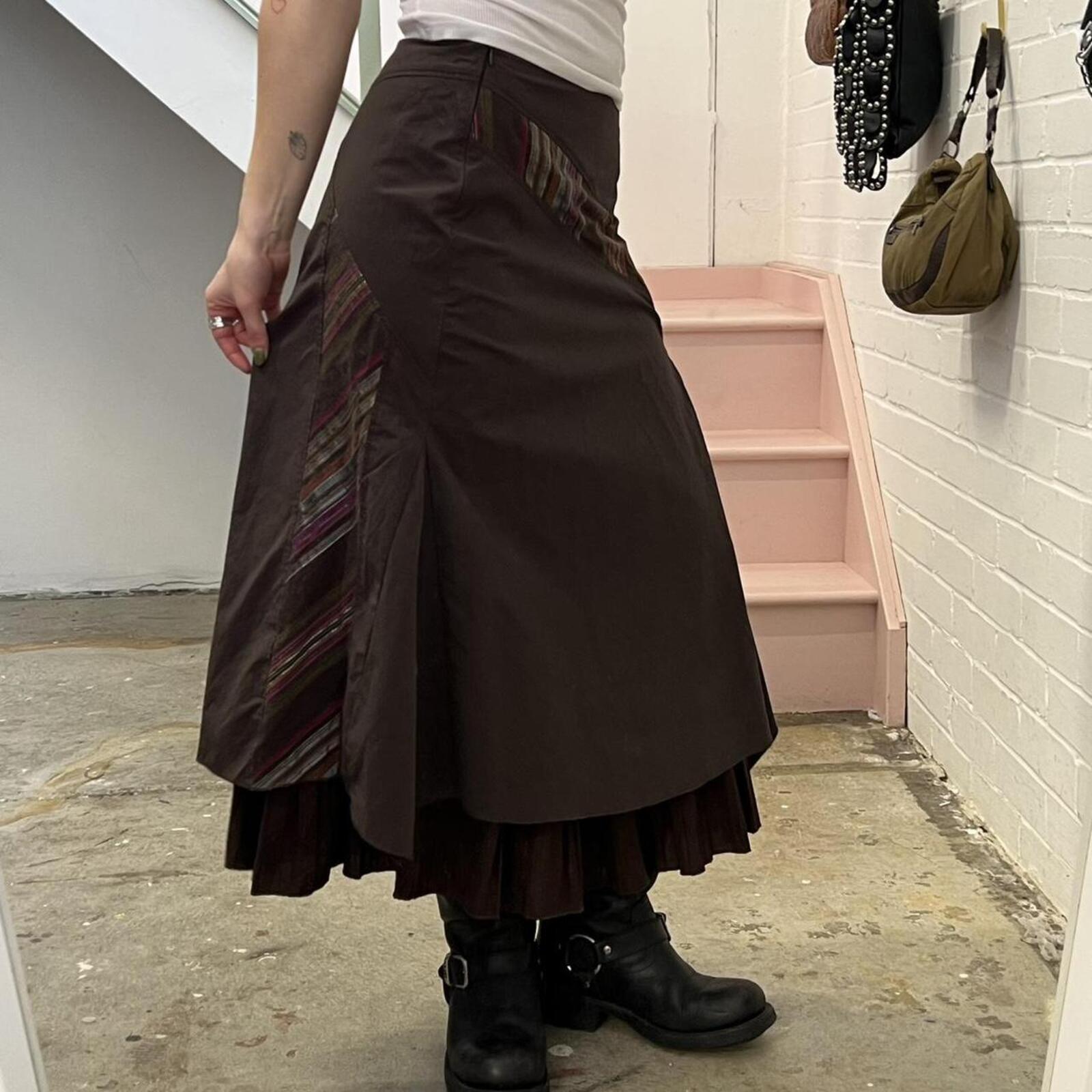 Promod brown layered cargo vintage maxi skirt with stripe patchwork detail