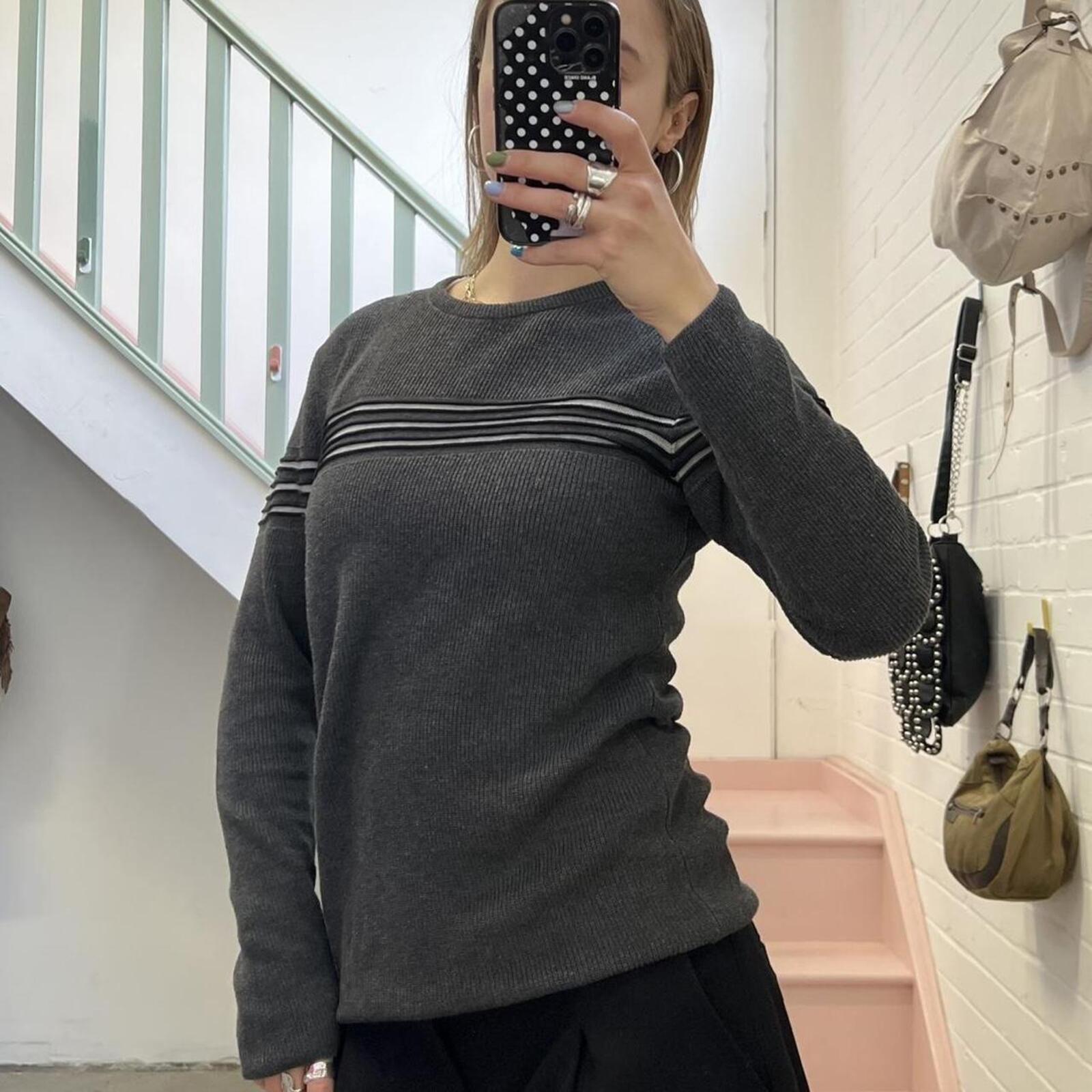 Grey knitted stripe vintage crew neck sweater