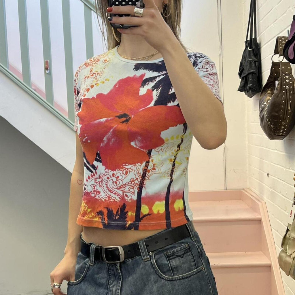 baby blue and pink hibiscus print vintage terranova baby tee