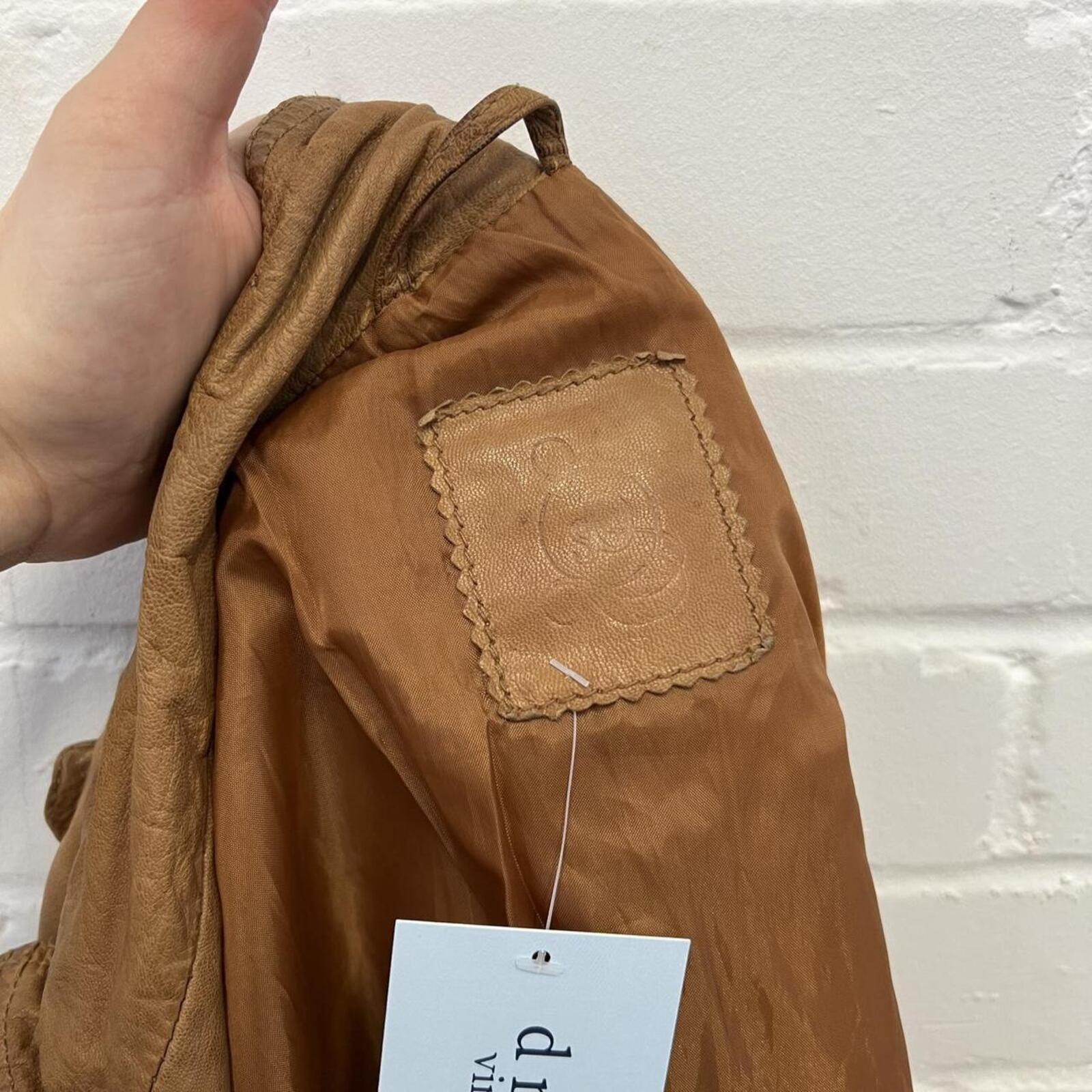 brown tan real leather fitted vintage utility style high neck jacket