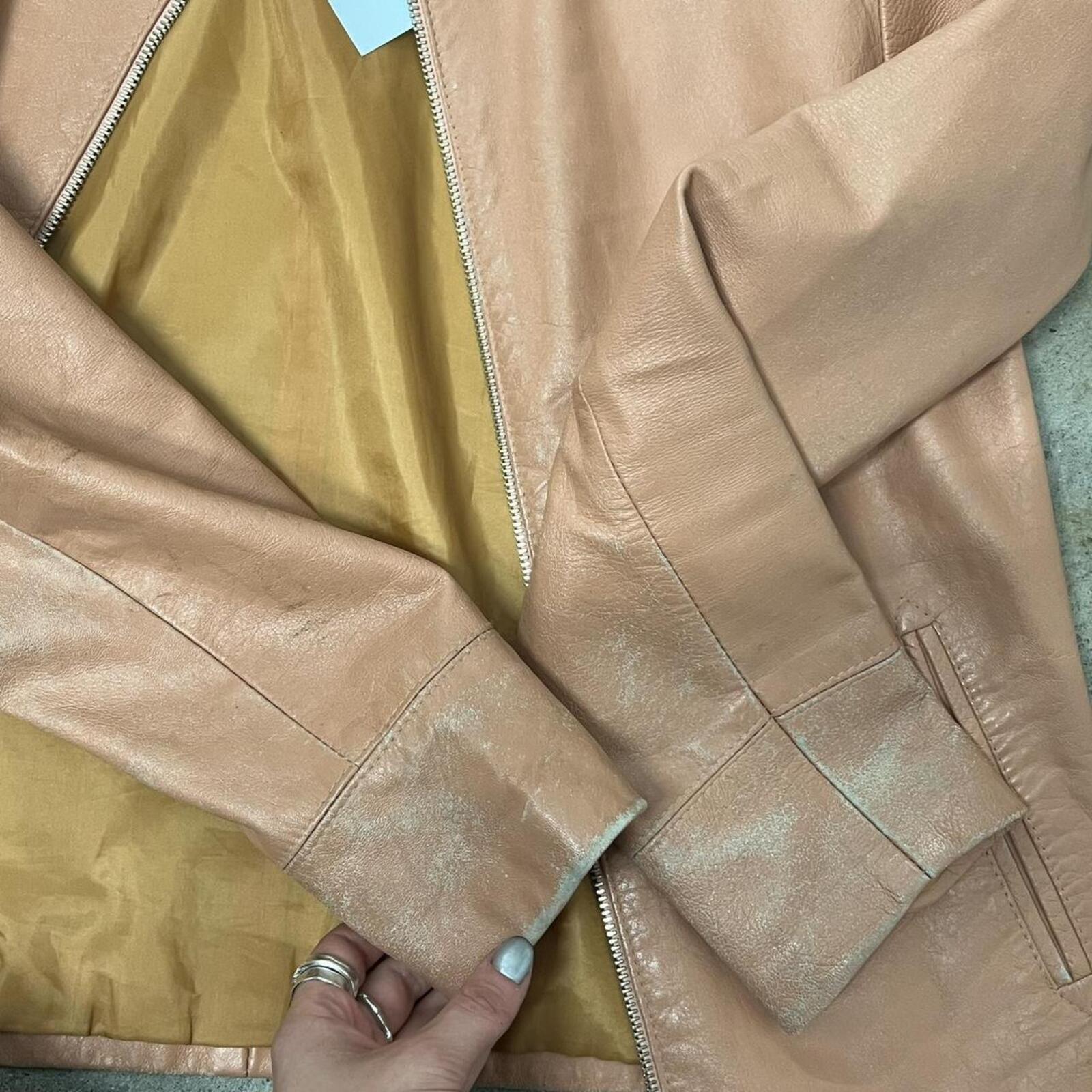baby pink dusty pink zip up fitted vintage leather jacket with dual zip