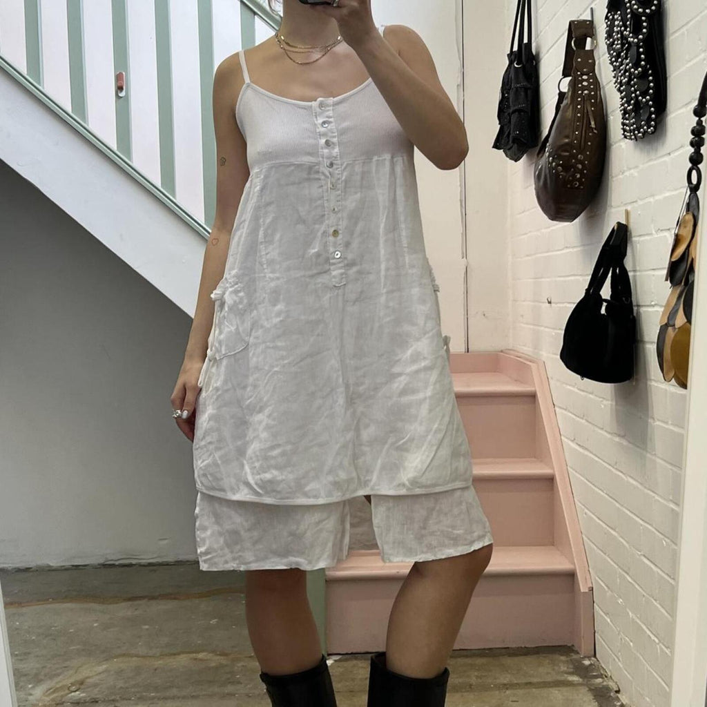 Italian vintage white linen bubble layered utility style midi dress