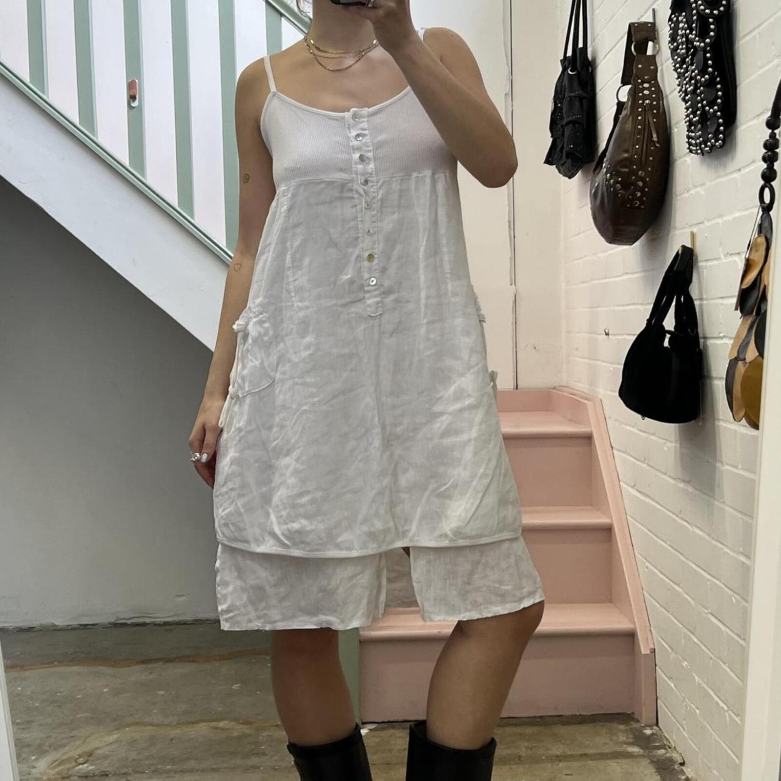 Italian vintage white linen bubble layered utility style midi dress