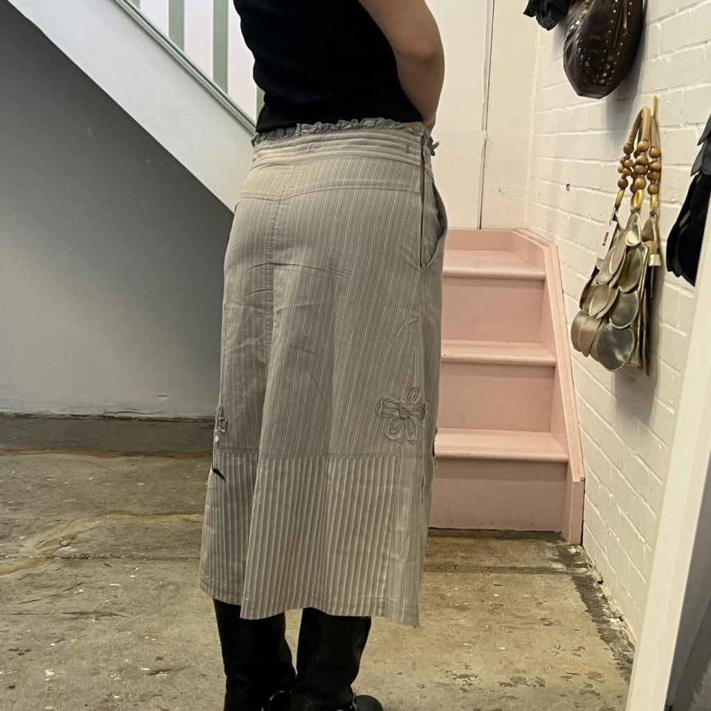 cream and grey pinstripe vintage maxi skirt with floral embroidery