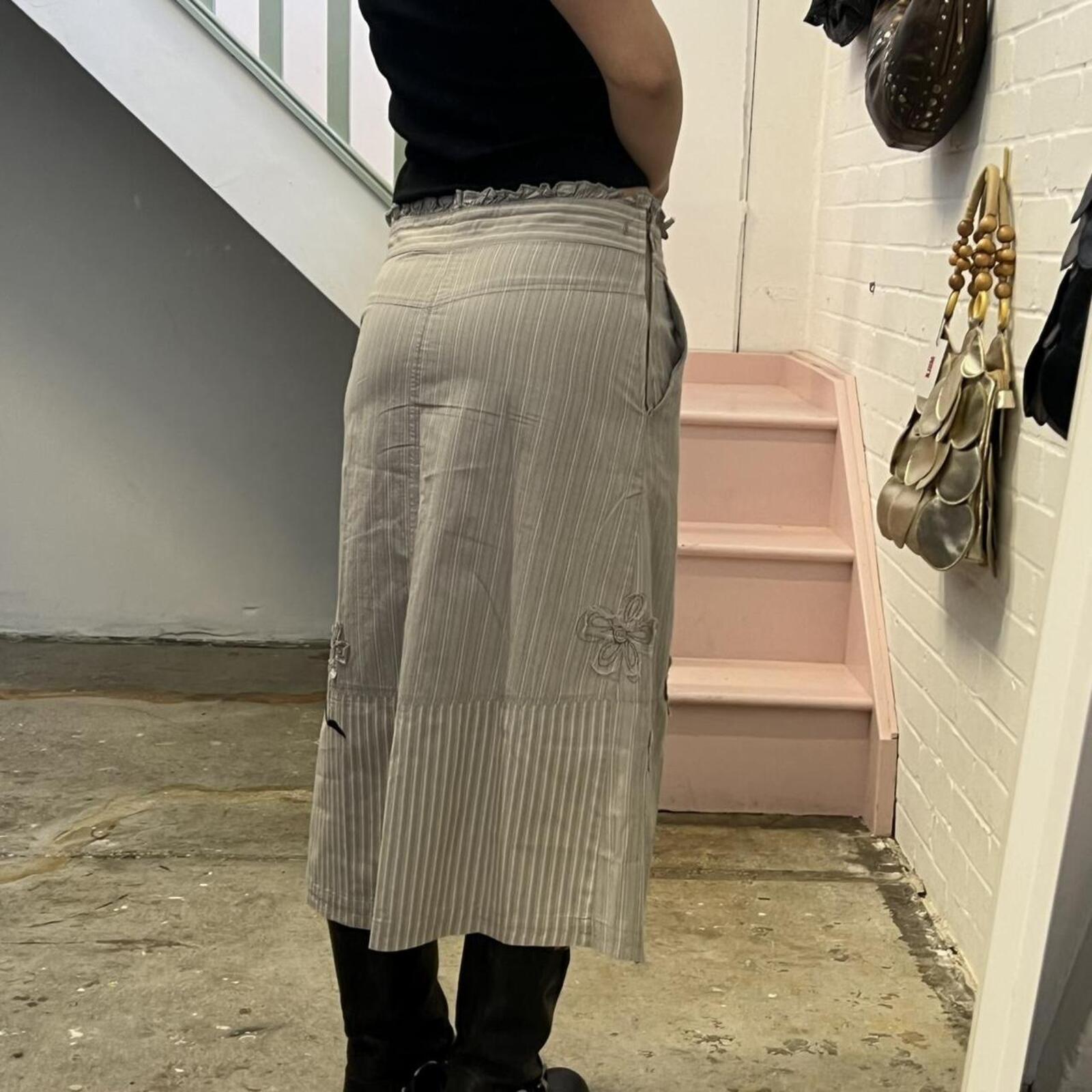 cream and grey pinstripe vintage maxi skirt with floral embroidery