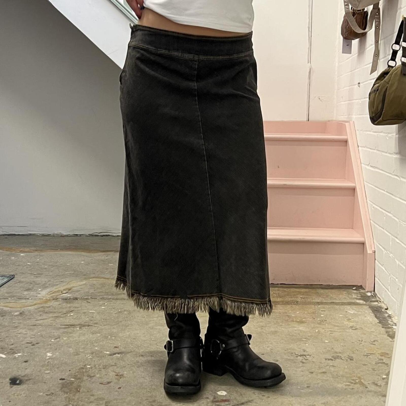 grey black denim low rise distressed maxi skirt