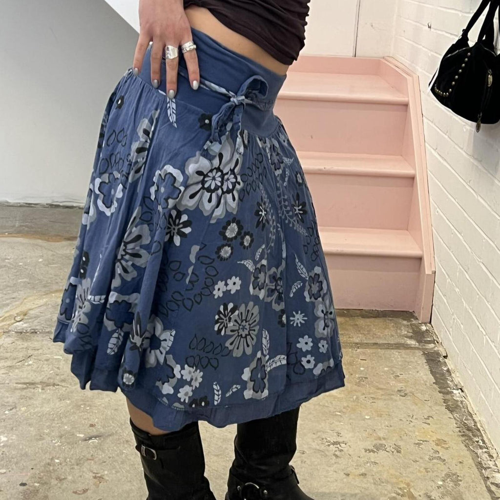 blue and white printed floaty floral layered midi skirt with foldable waist