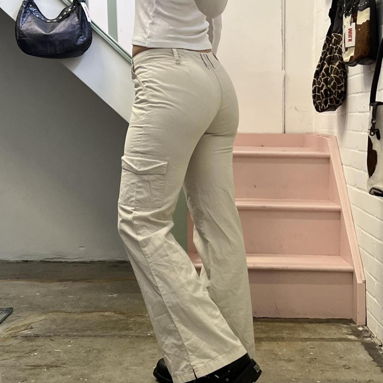 cream wide leg low rise vintage tailored style cargo trousers with pocket detail