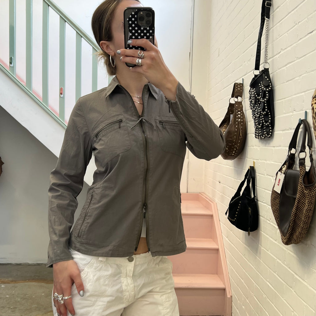 Khaki fitted lightweight zip up jacket