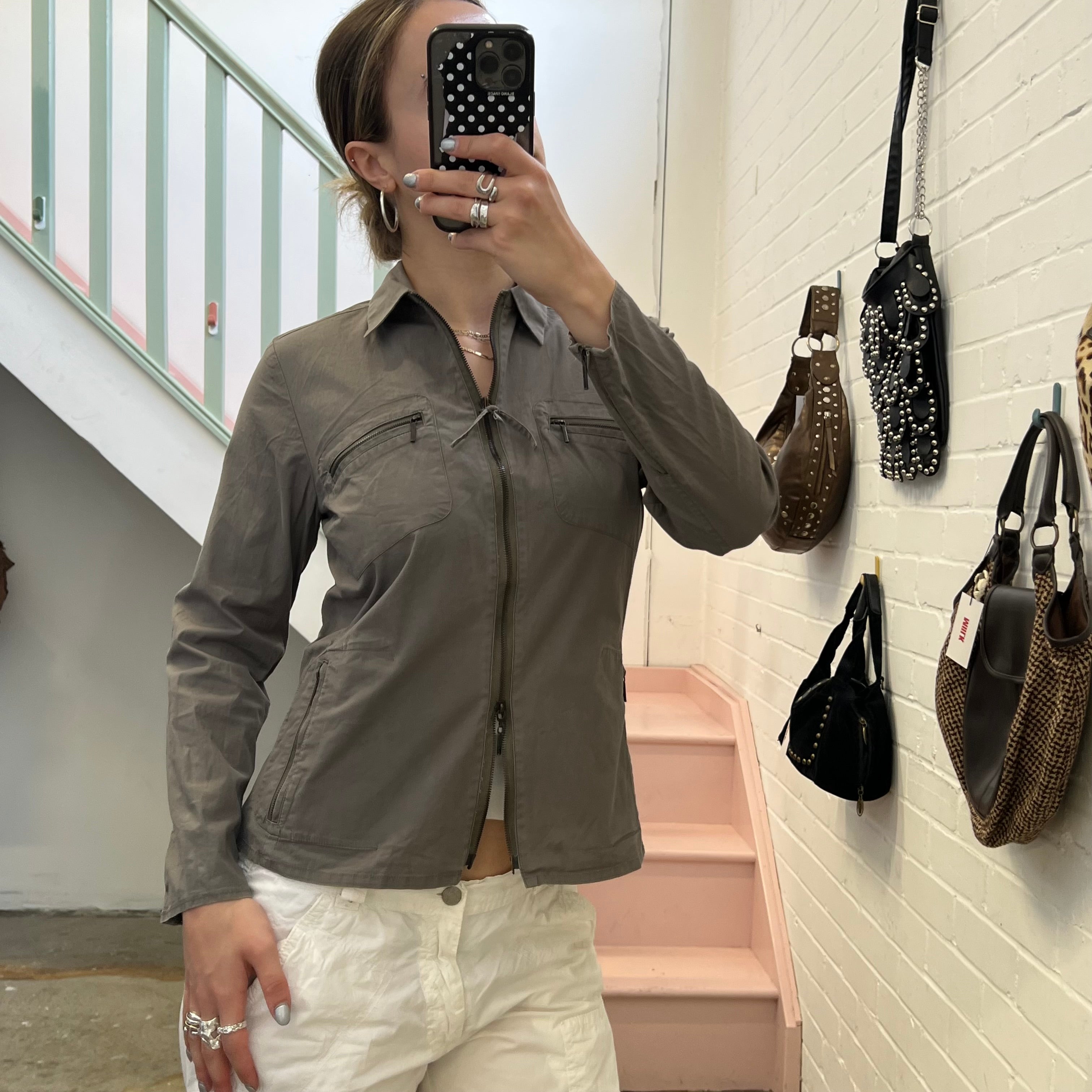 Khaki fitted lightweight zip up jacket