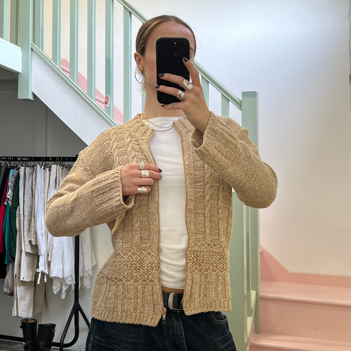 Cream chunky knit zip up cardigan
