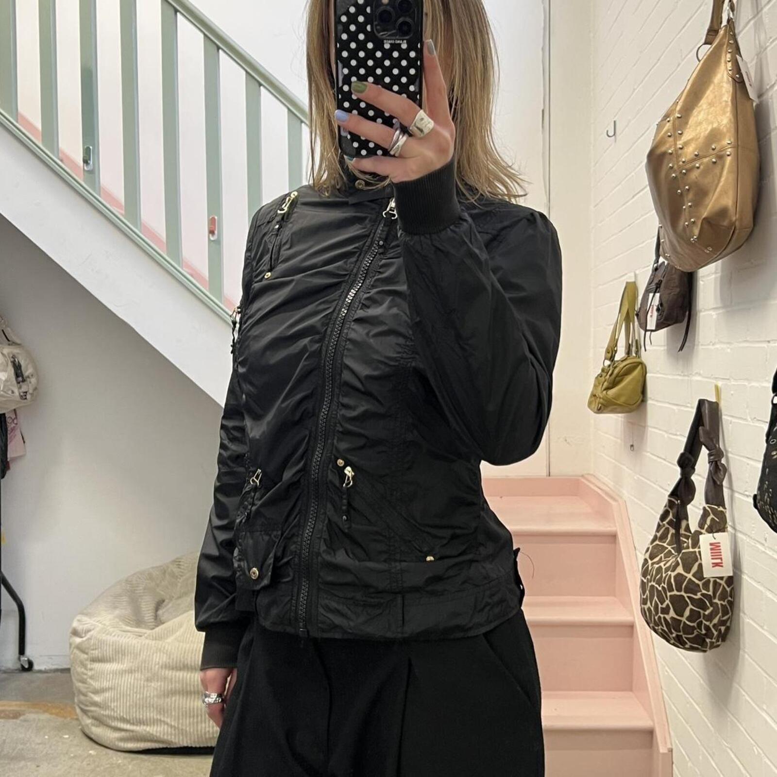 black lightweight ruched windbreaker style fitted vintage jacket