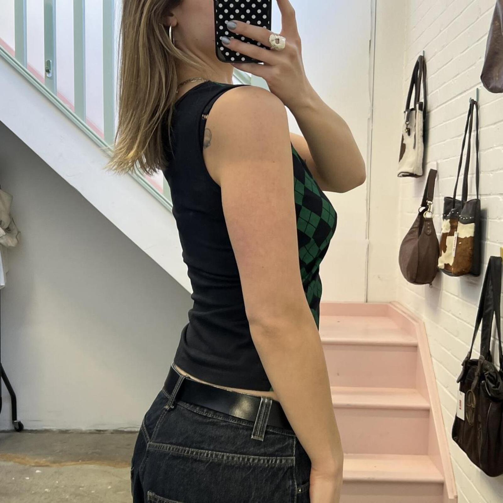 green and black checkered fitted vintage v neck vest top