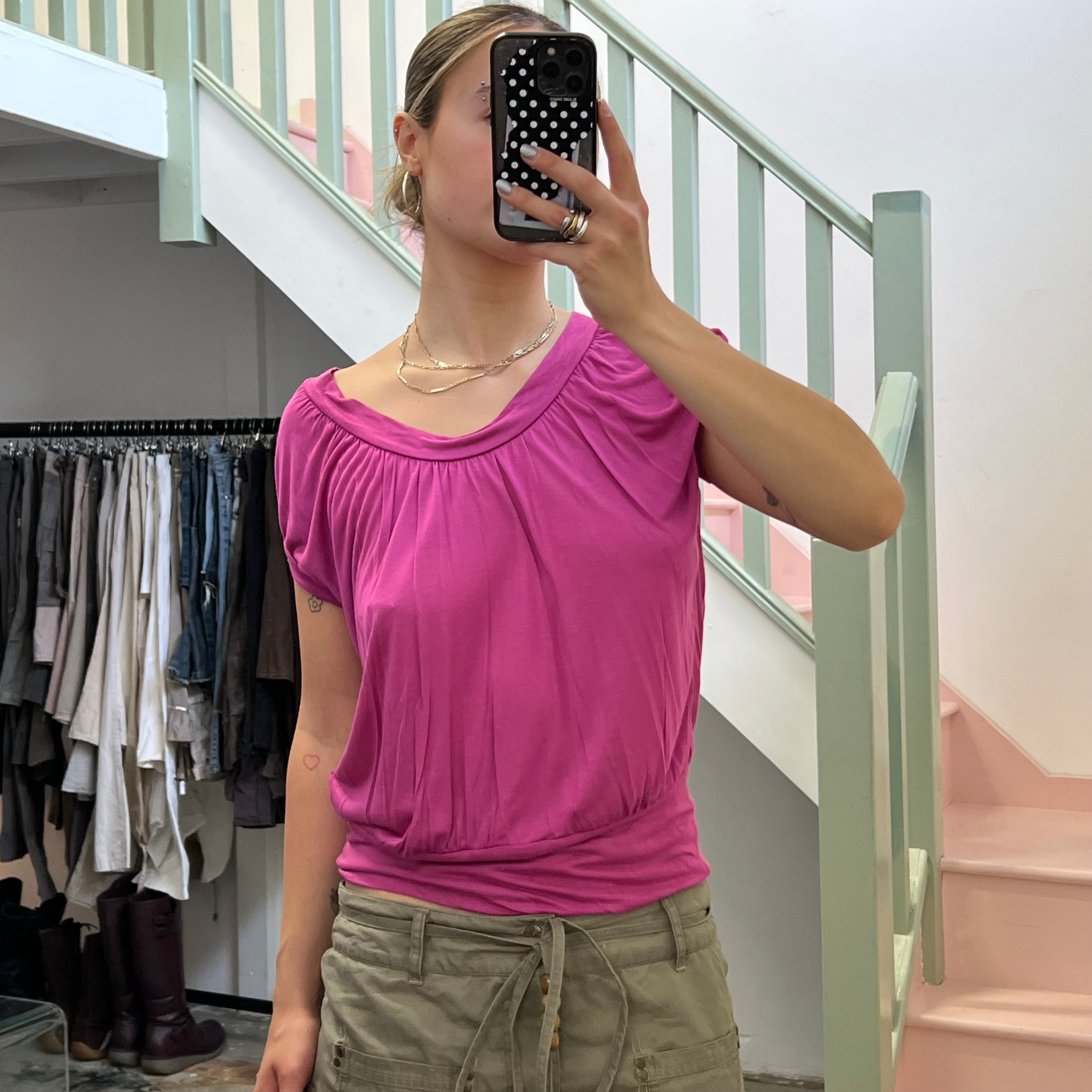 Fuchsia slouchy off shoulder top