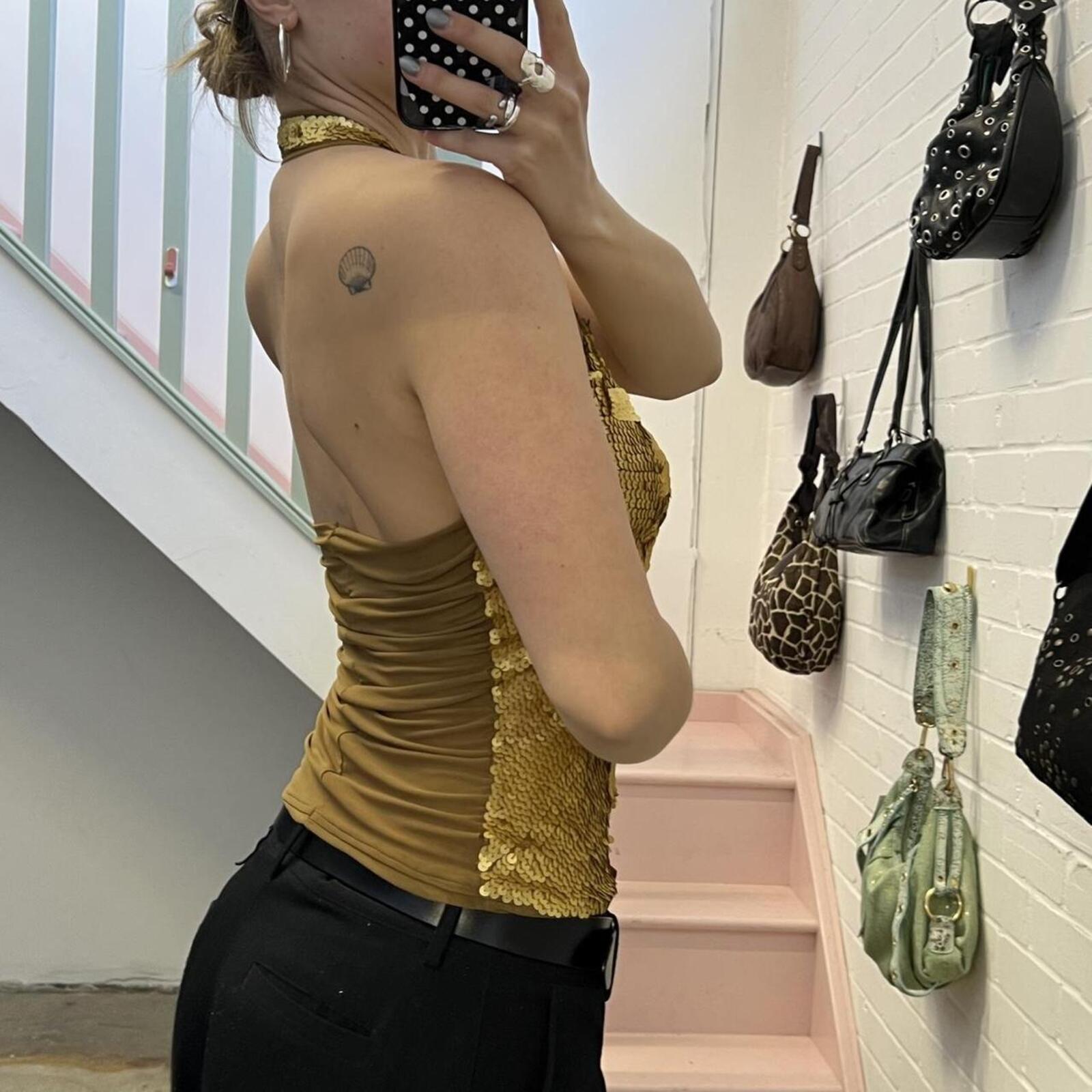 Gold sequin embellished halterneck vest