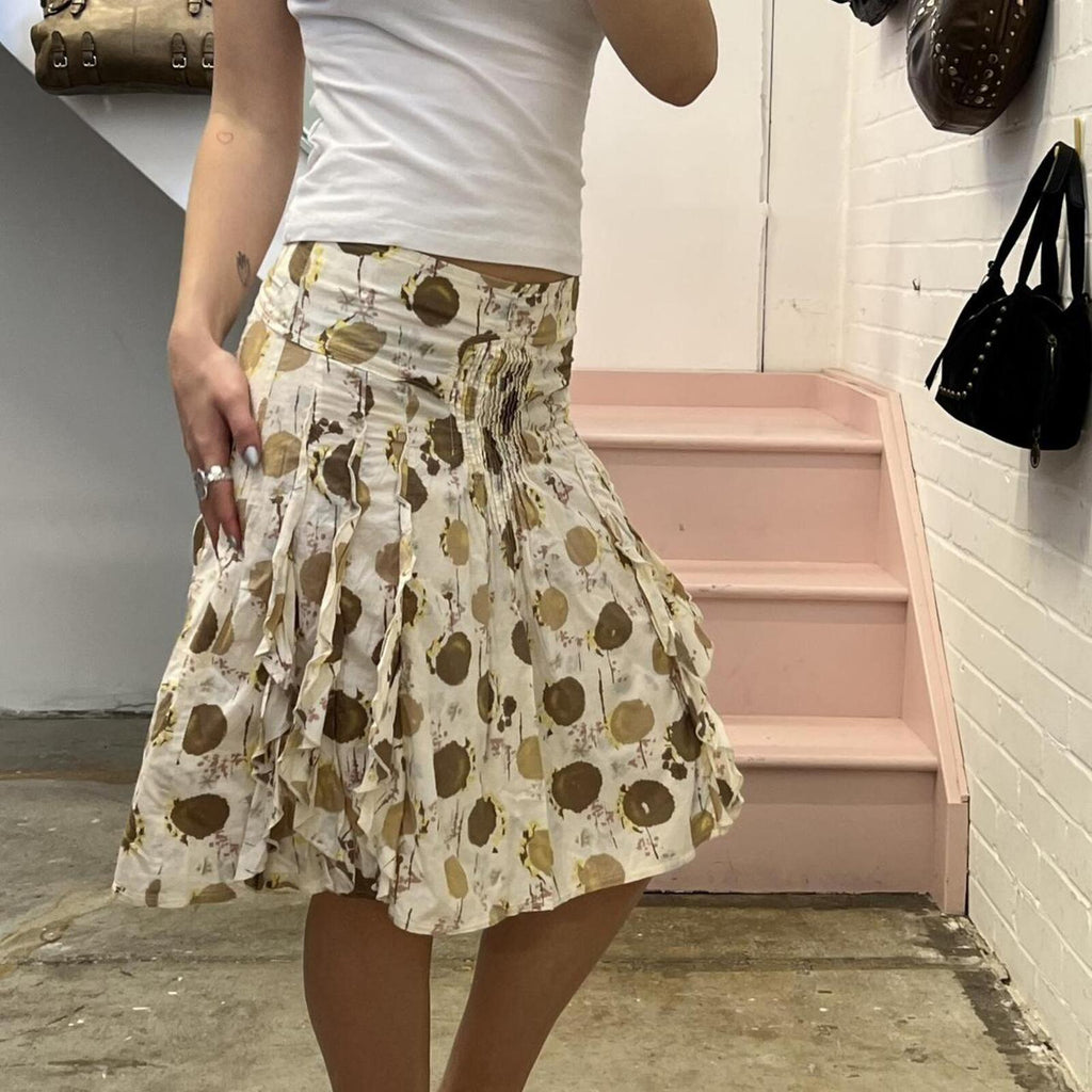 cream and brown polka dot ruffle midi skirt