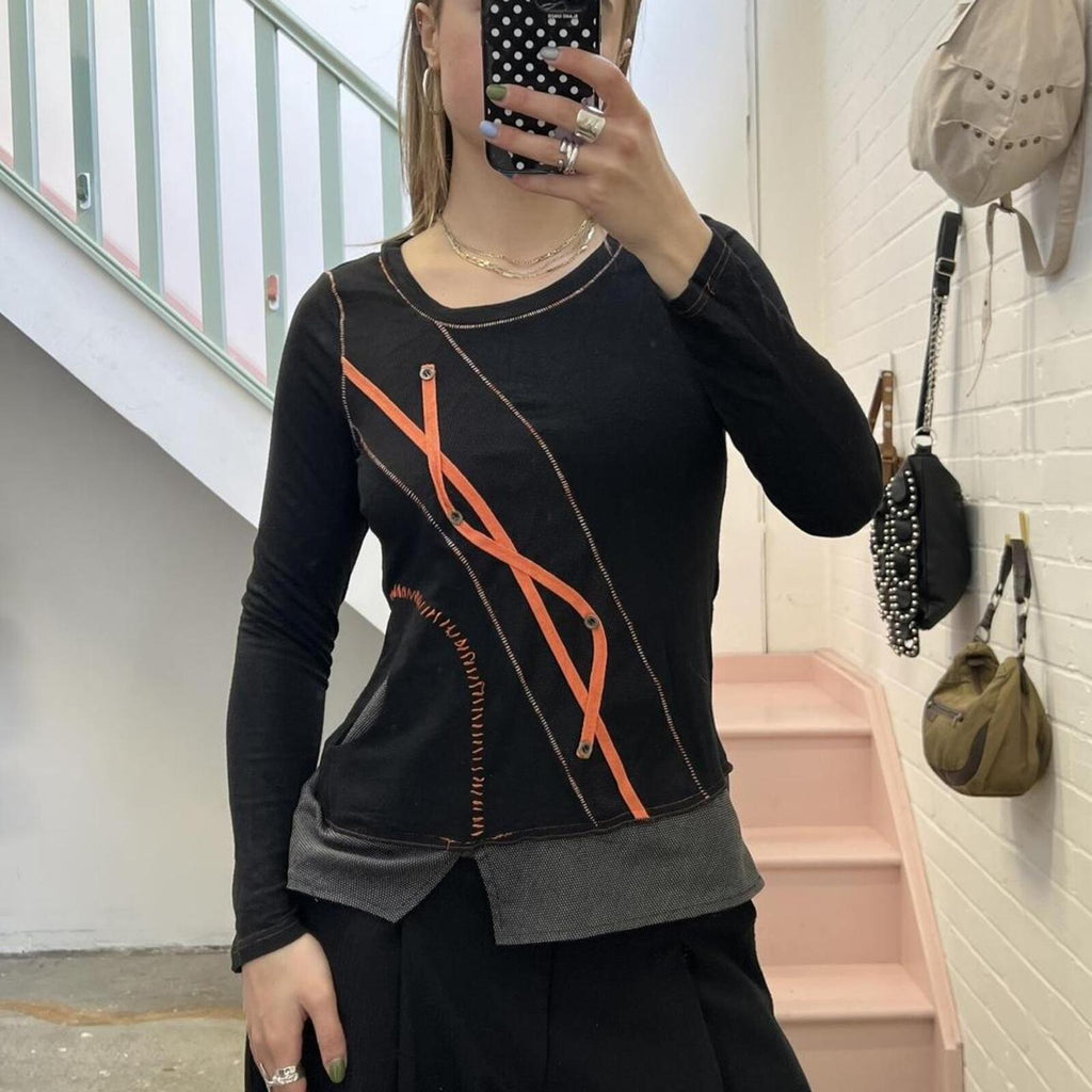 black and orange utility style long sleeve vintage top with contrast stitching