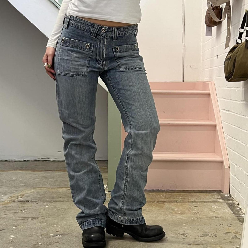 River Island light wash mid rise straight leg vintage jeans with silver studs