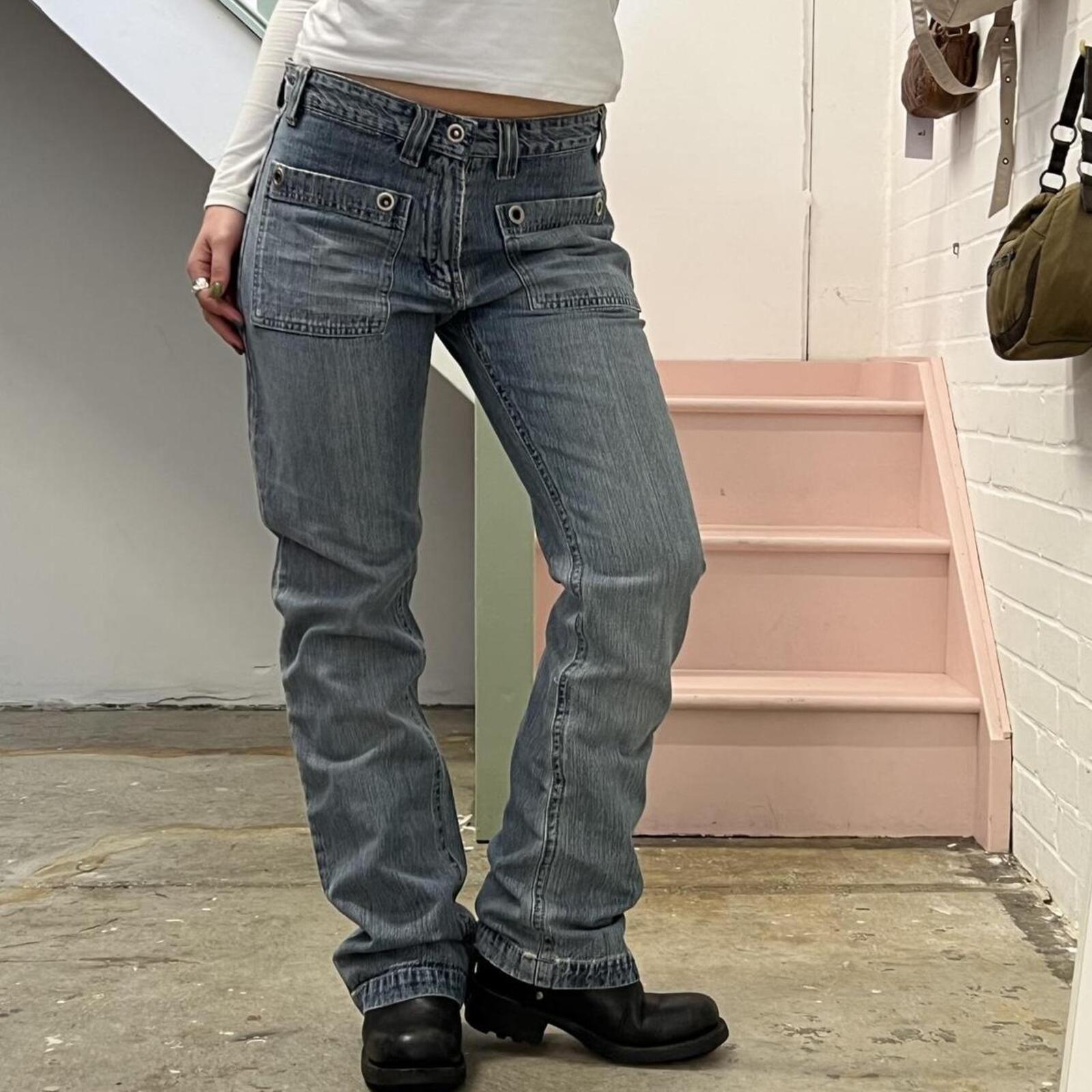 River Island light wash mid rise straight leg vintage jeans with silver studs