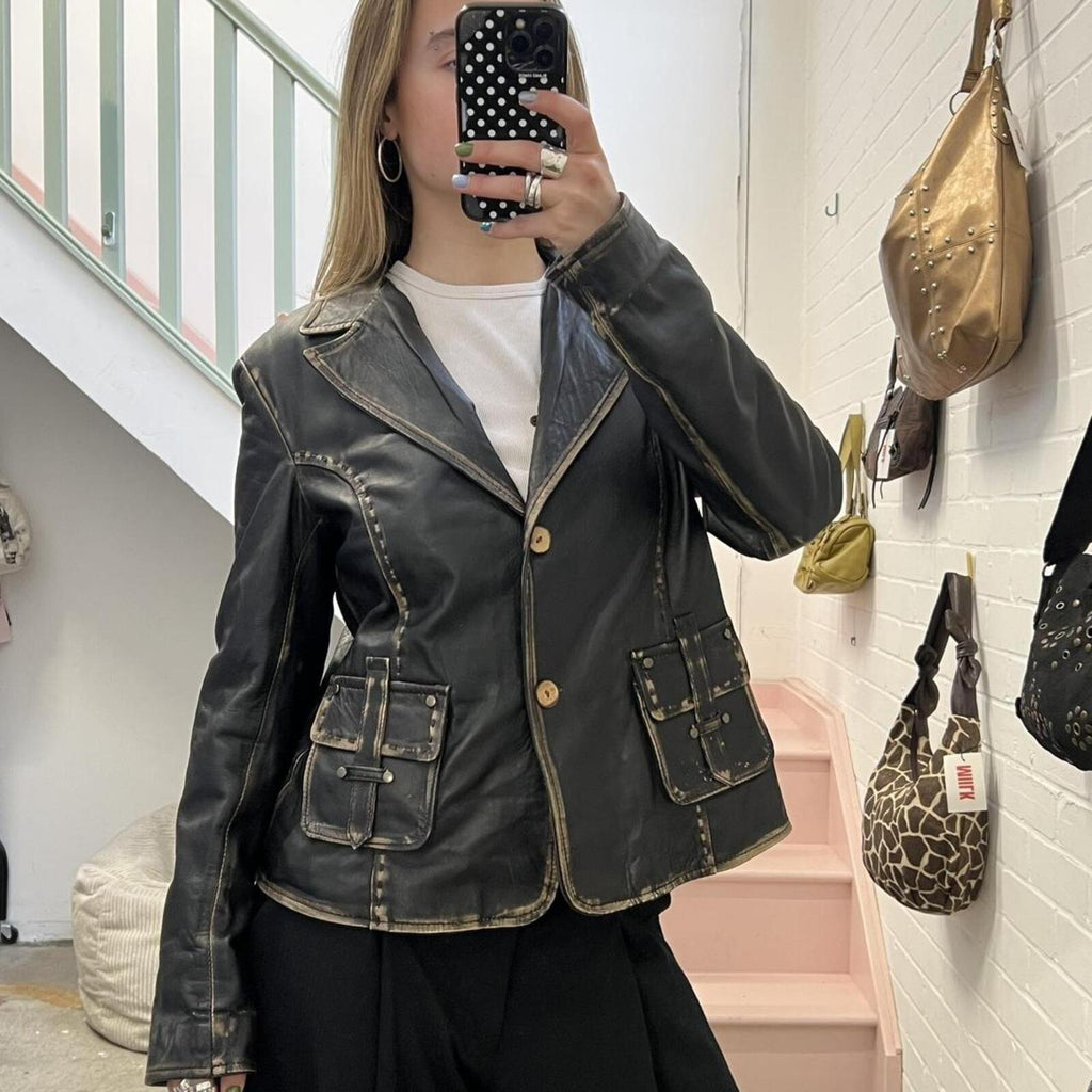 dark brown washed leather vintage blazer