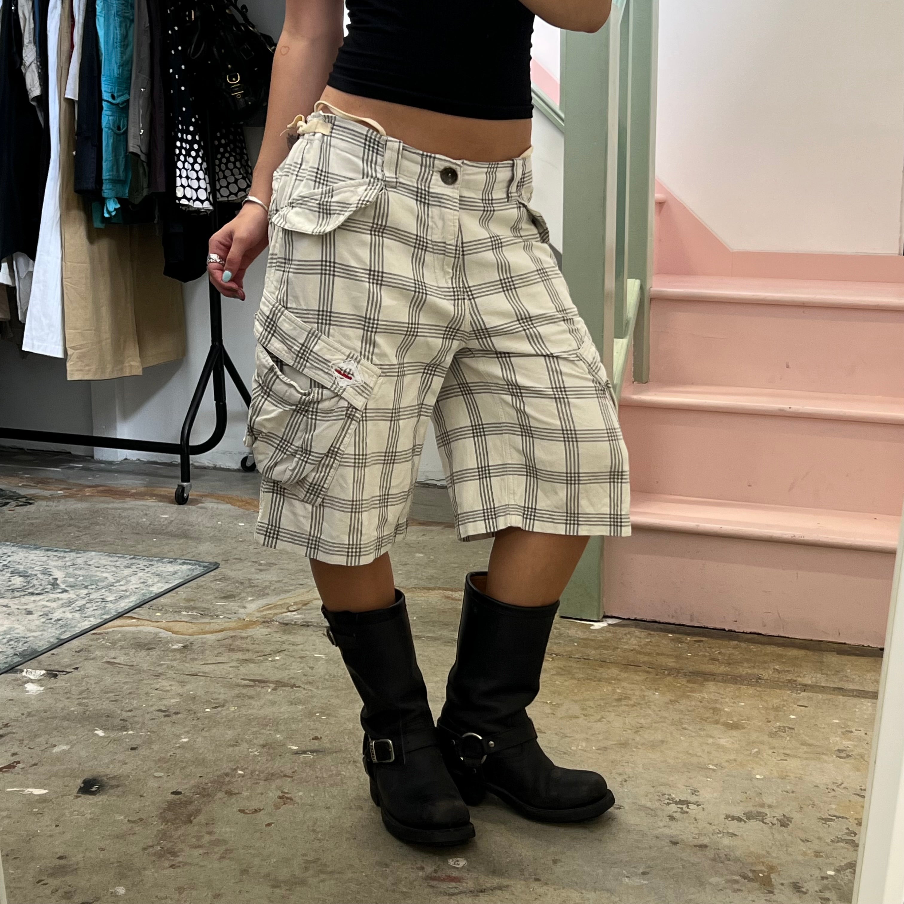 White and grey checkered baggy cargo shorts