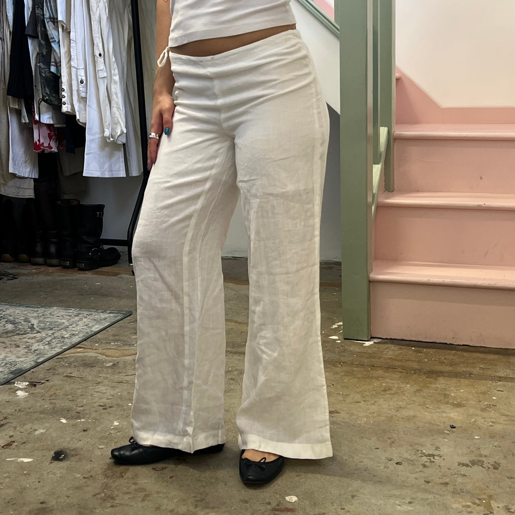 White wide leg low rise linen trousers