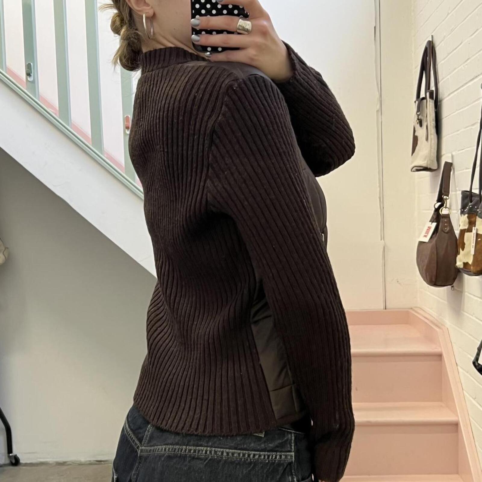 brown vintage padded sweater with lambs wool knitted sleeves and dual zip