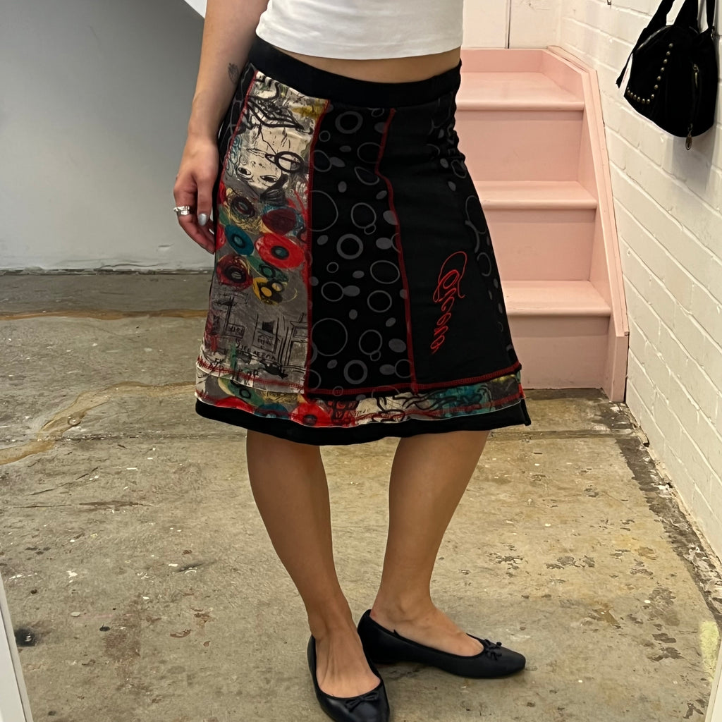 Black graphic print patchwork midi skirt