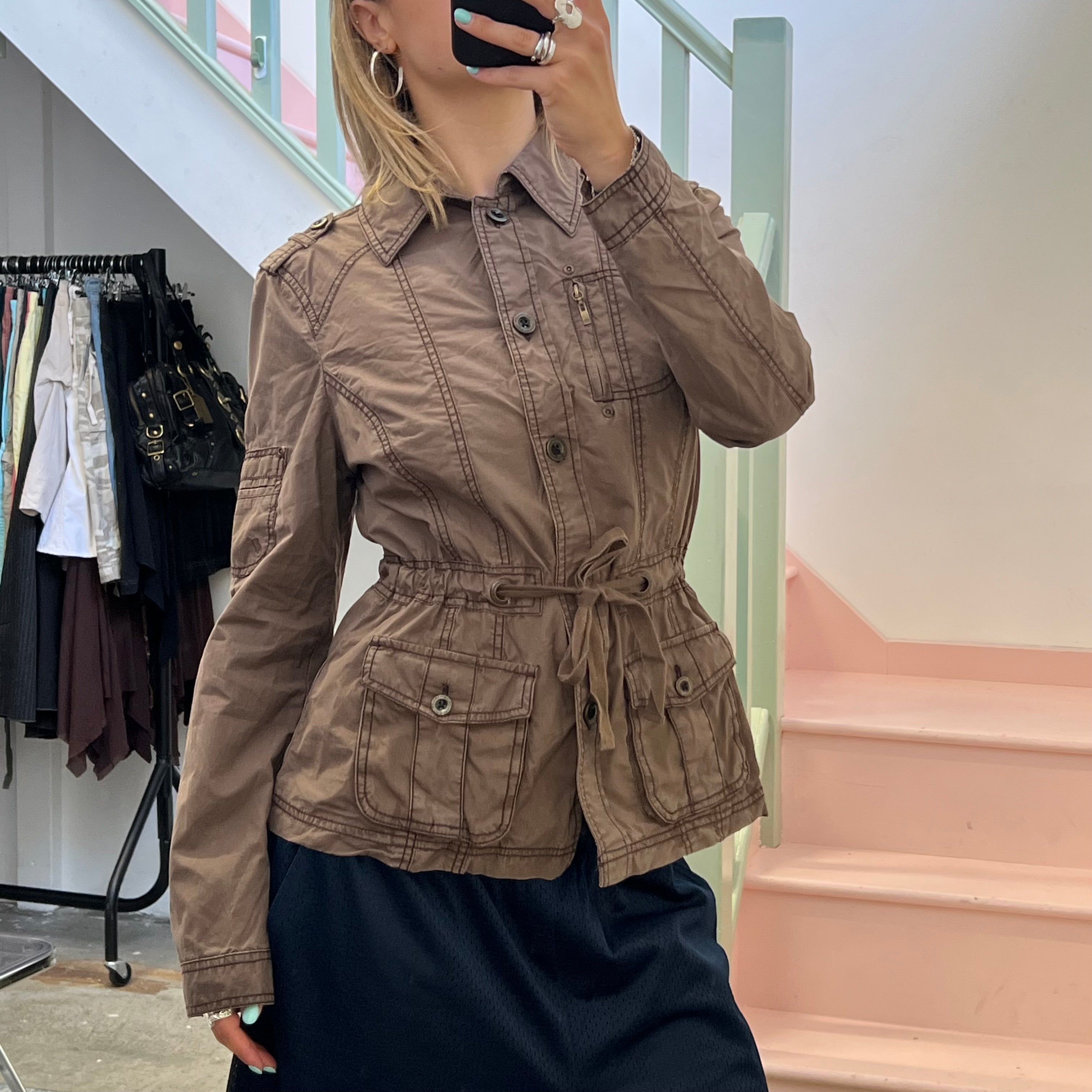 Brown utility style button up lightweight jacket