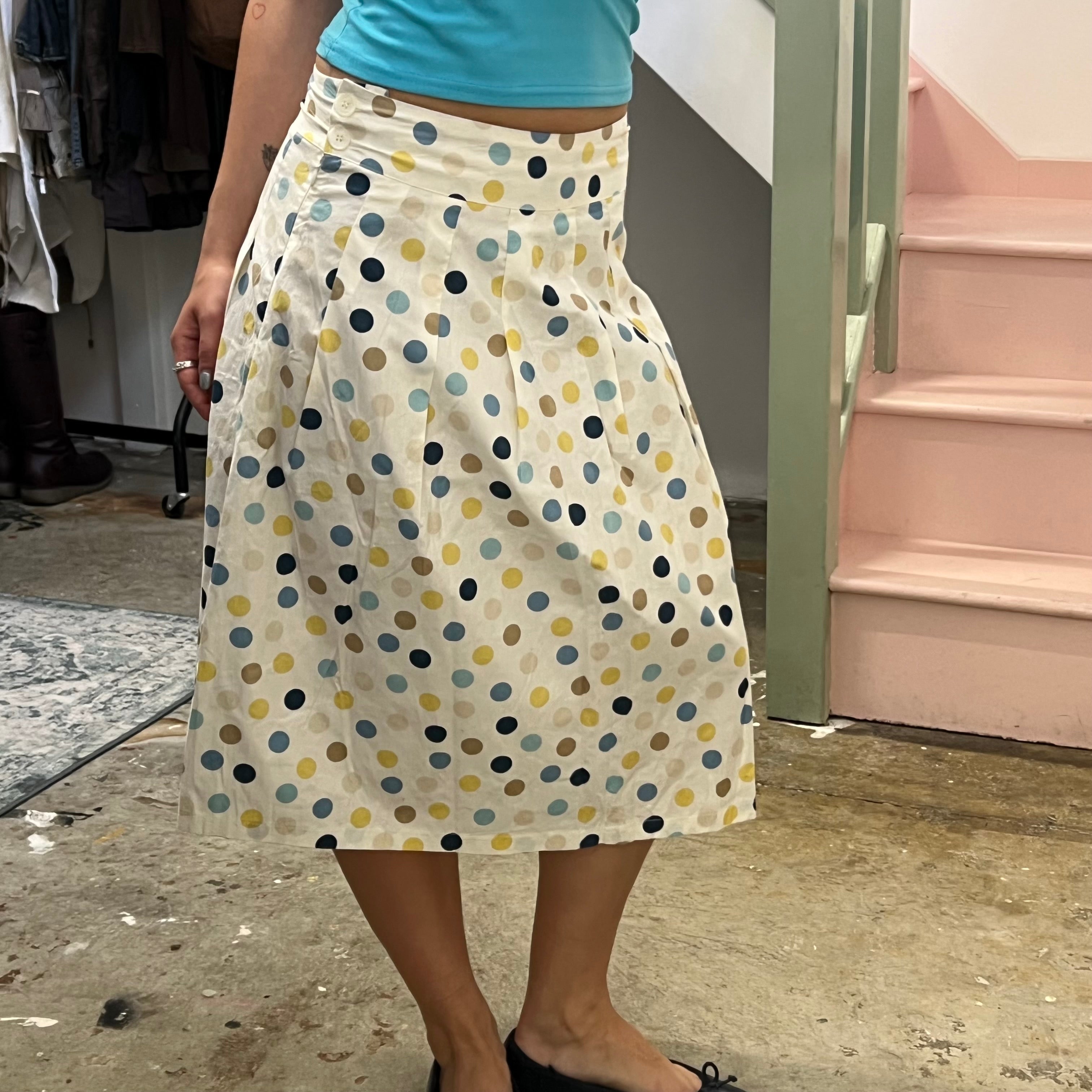Blue and yellow polka dot pleated midi skirt