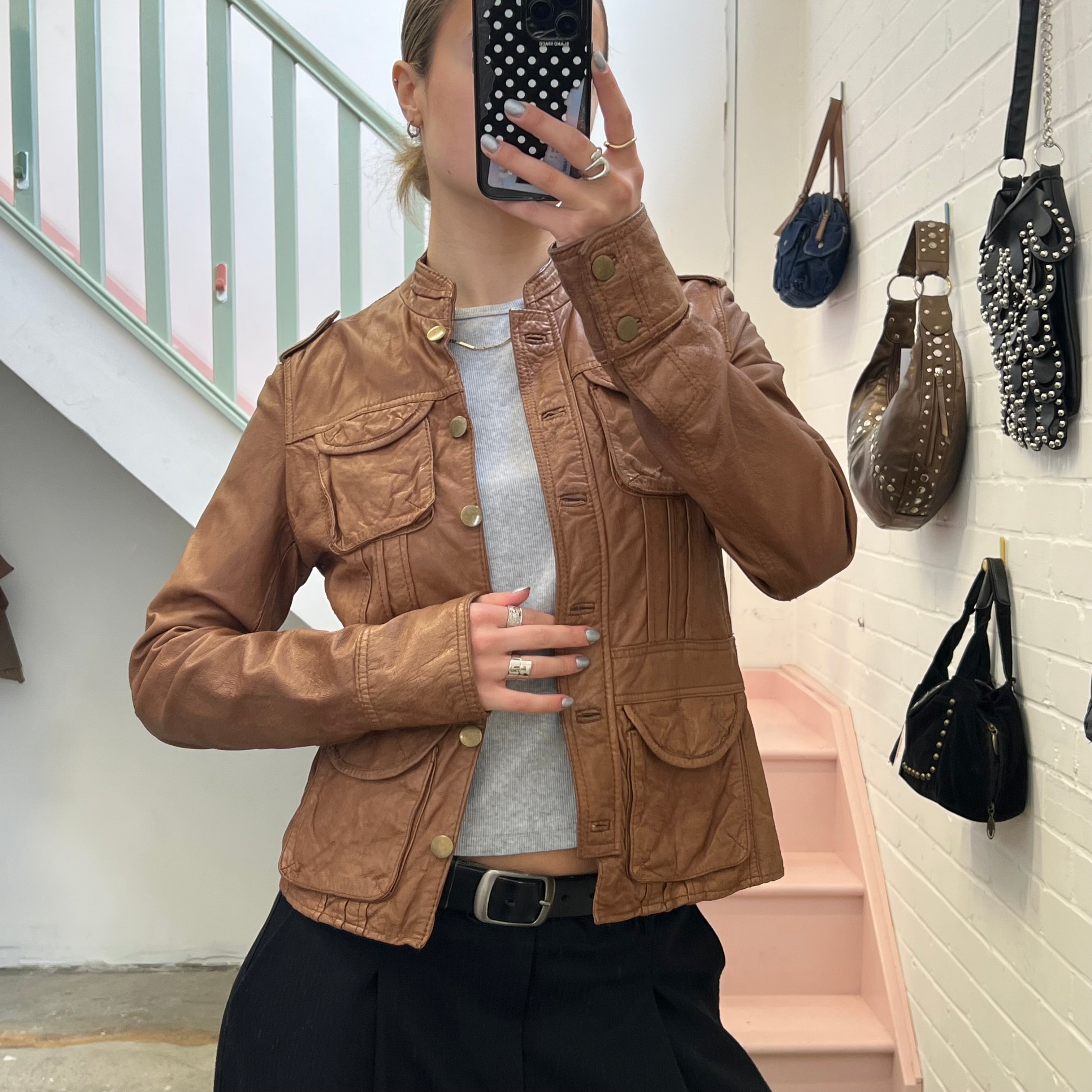 Brown tan button up fitted leather jacket