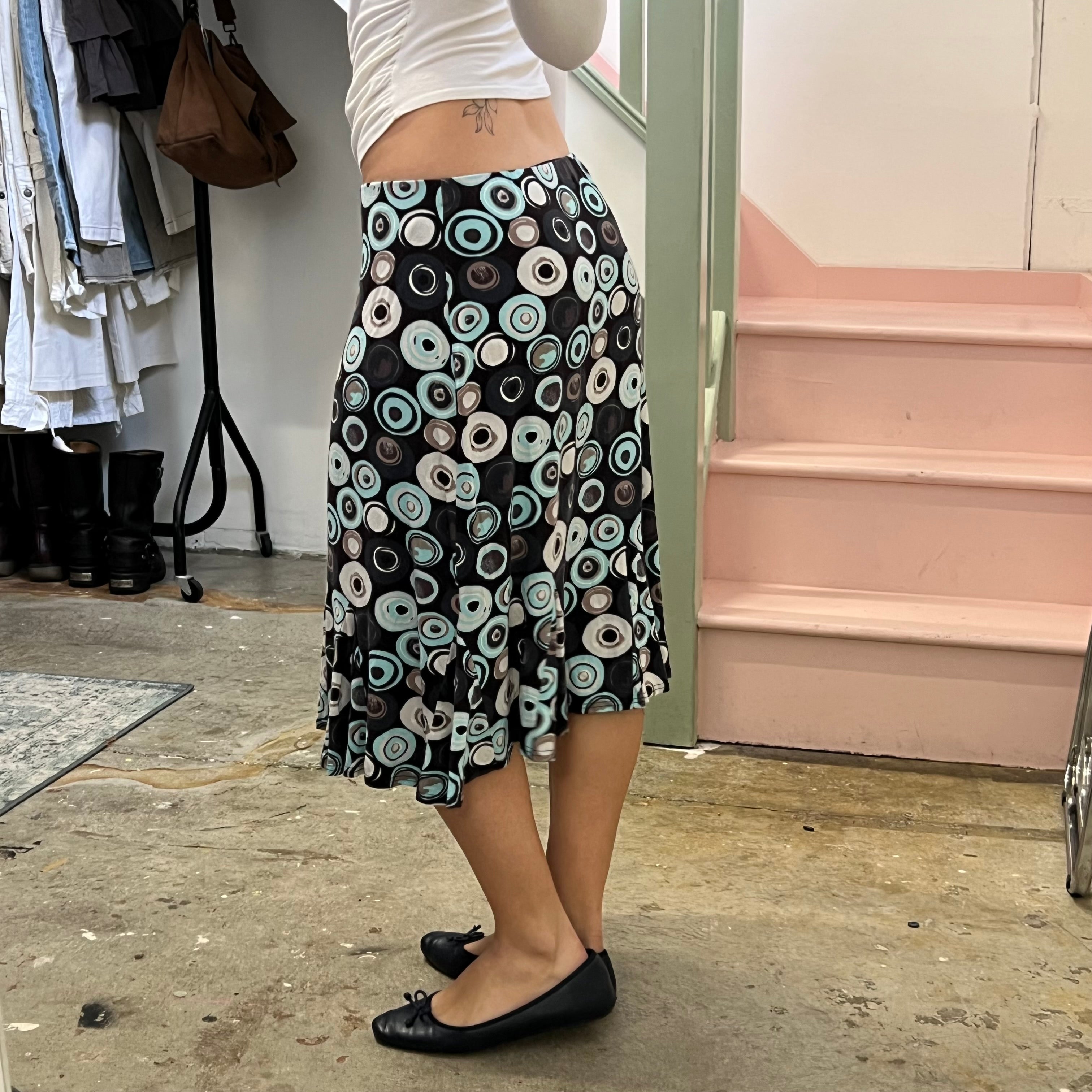 Blue spiral polka dot midi skirt