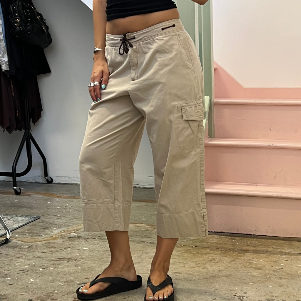 Cream tie waist cargo capris