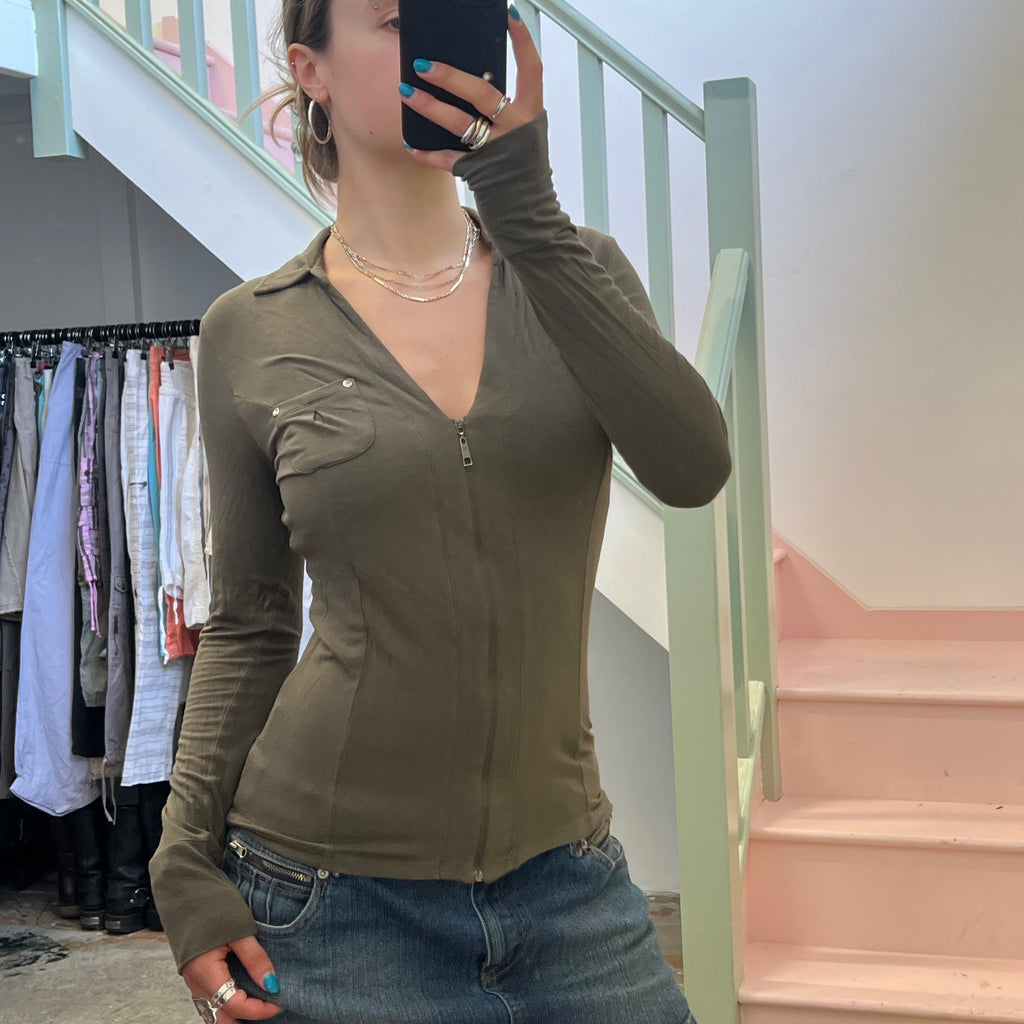 Khaki long sleeve zip up top