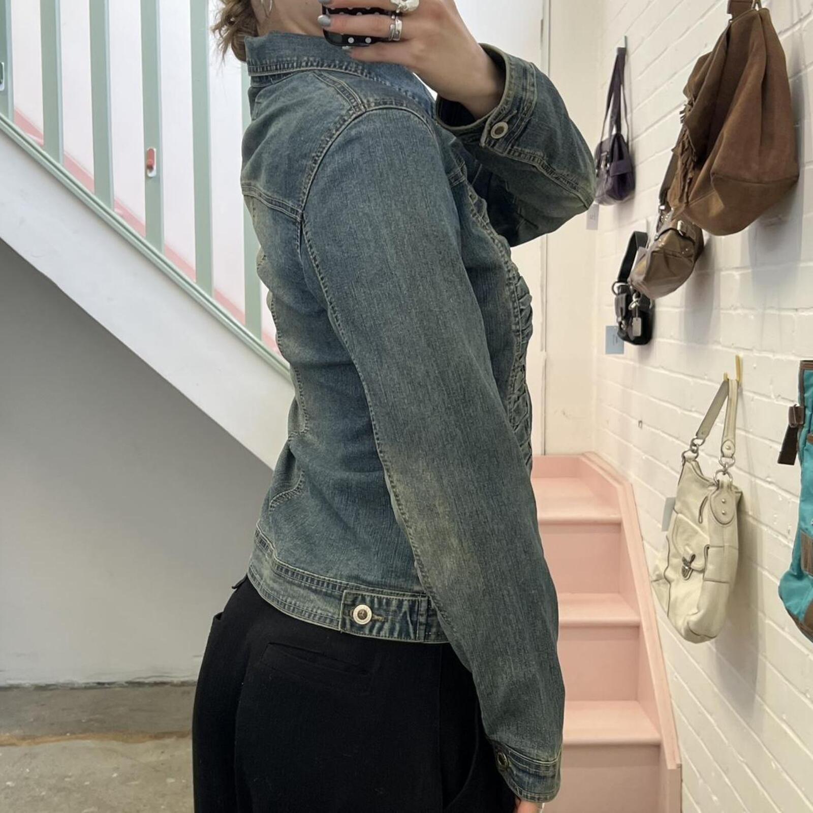 light wash vintage zip up denim jacket with ruching detail