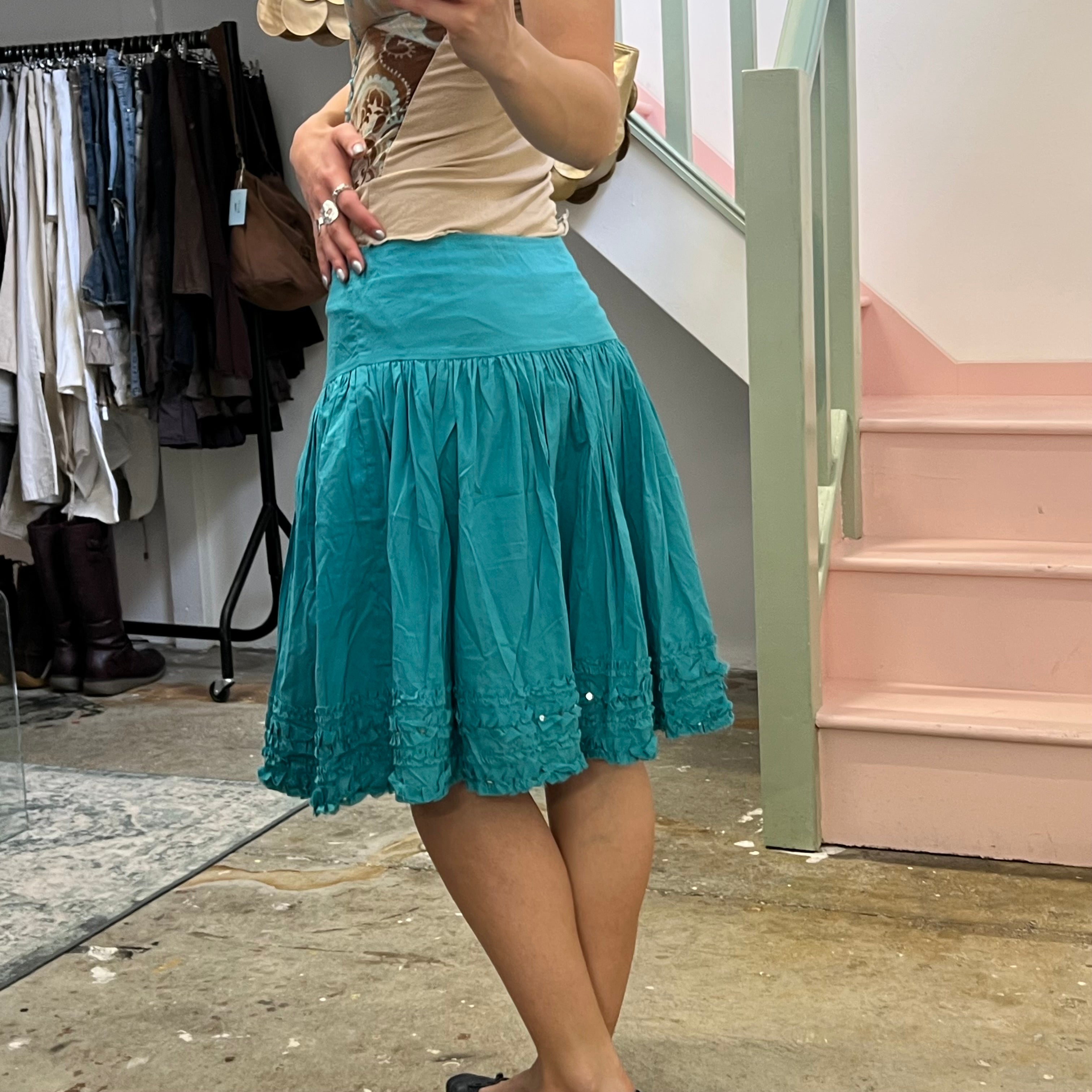 Teal turquoise pleated drop waist midi skirt