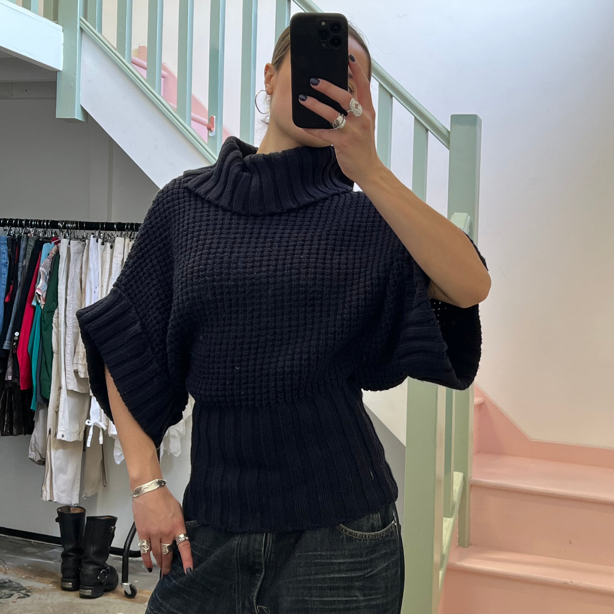 Navy chunky knit batwing roll neck sweater