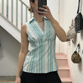 Teal and white striped fitted vintage short sleeve shirt vest