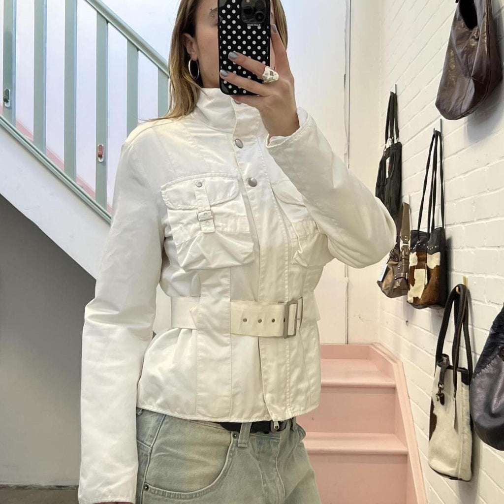 Benetton white zip up belted utility biker jacket