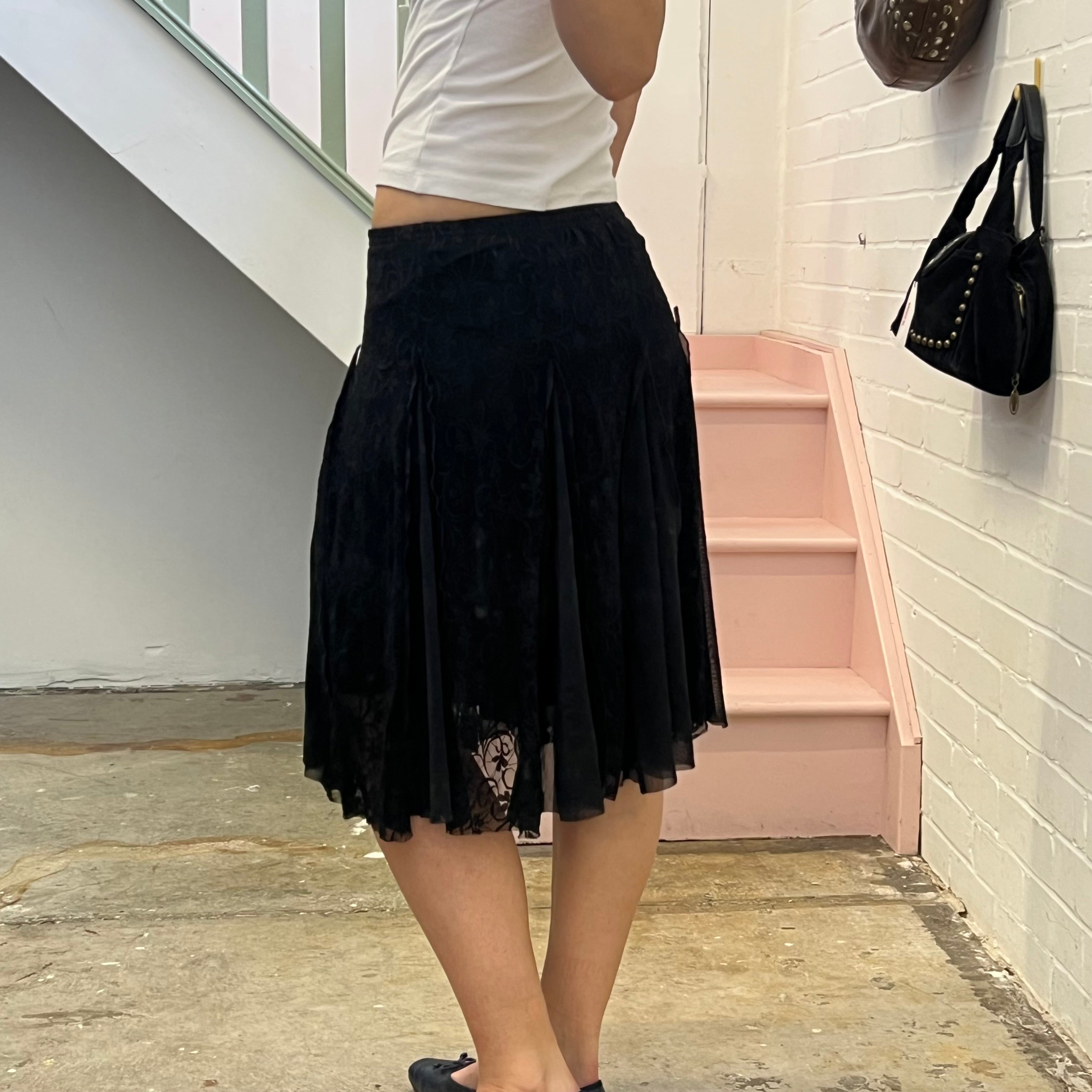 Black lace sheer floaty midi skirt