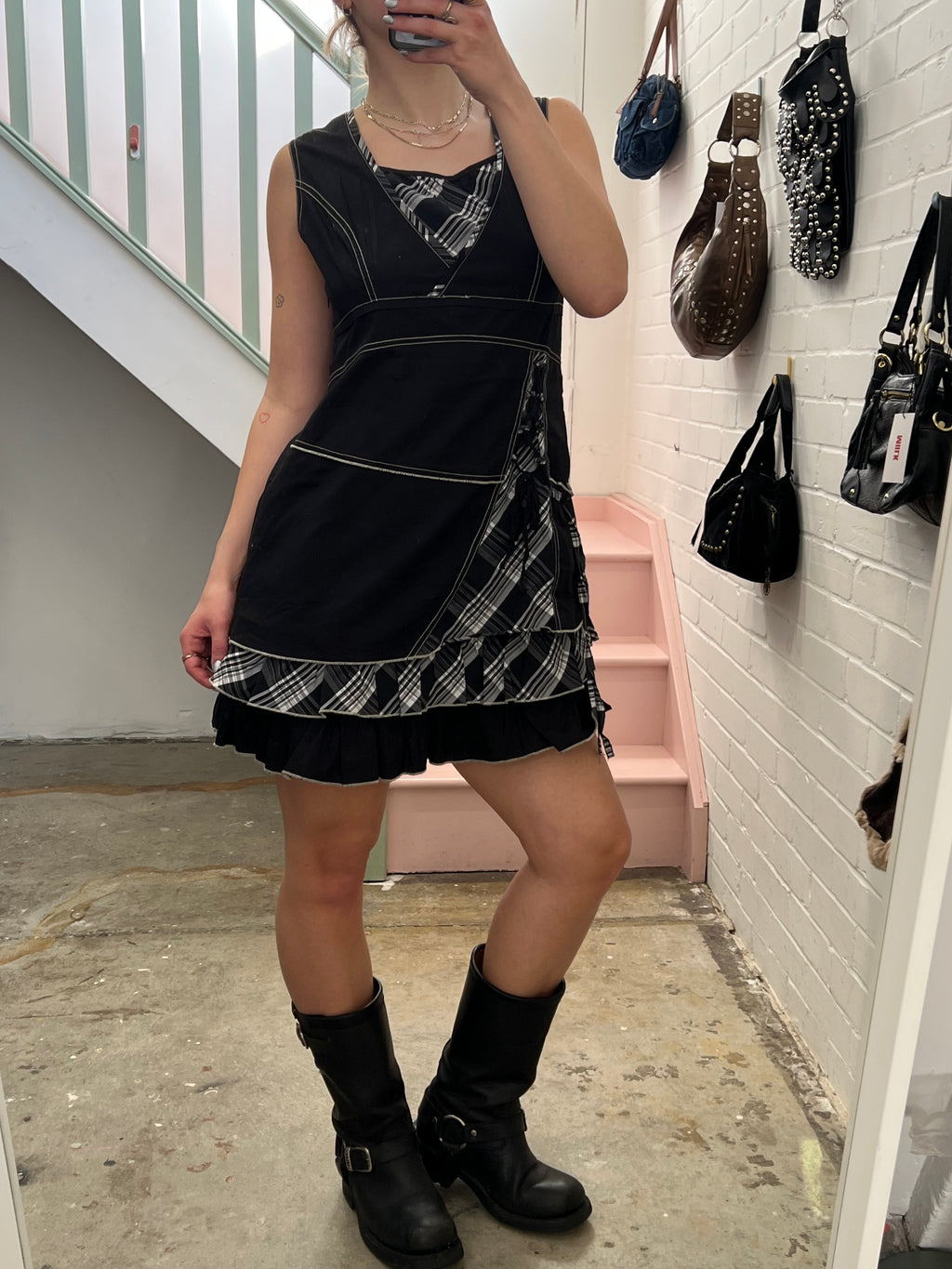 Black and grey layered checkered utility style mini dress