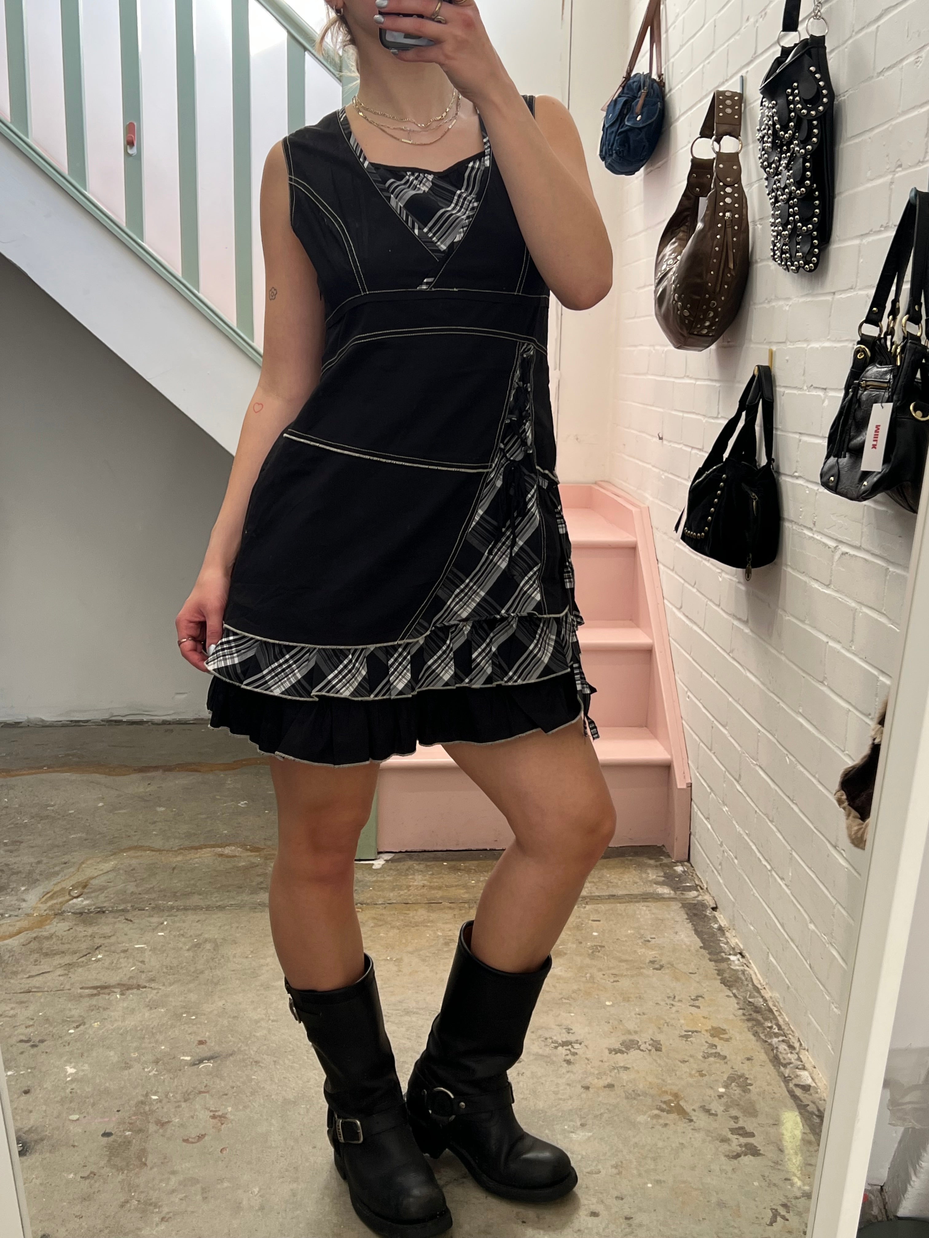 Black and grey layered checkered utility style mini dress