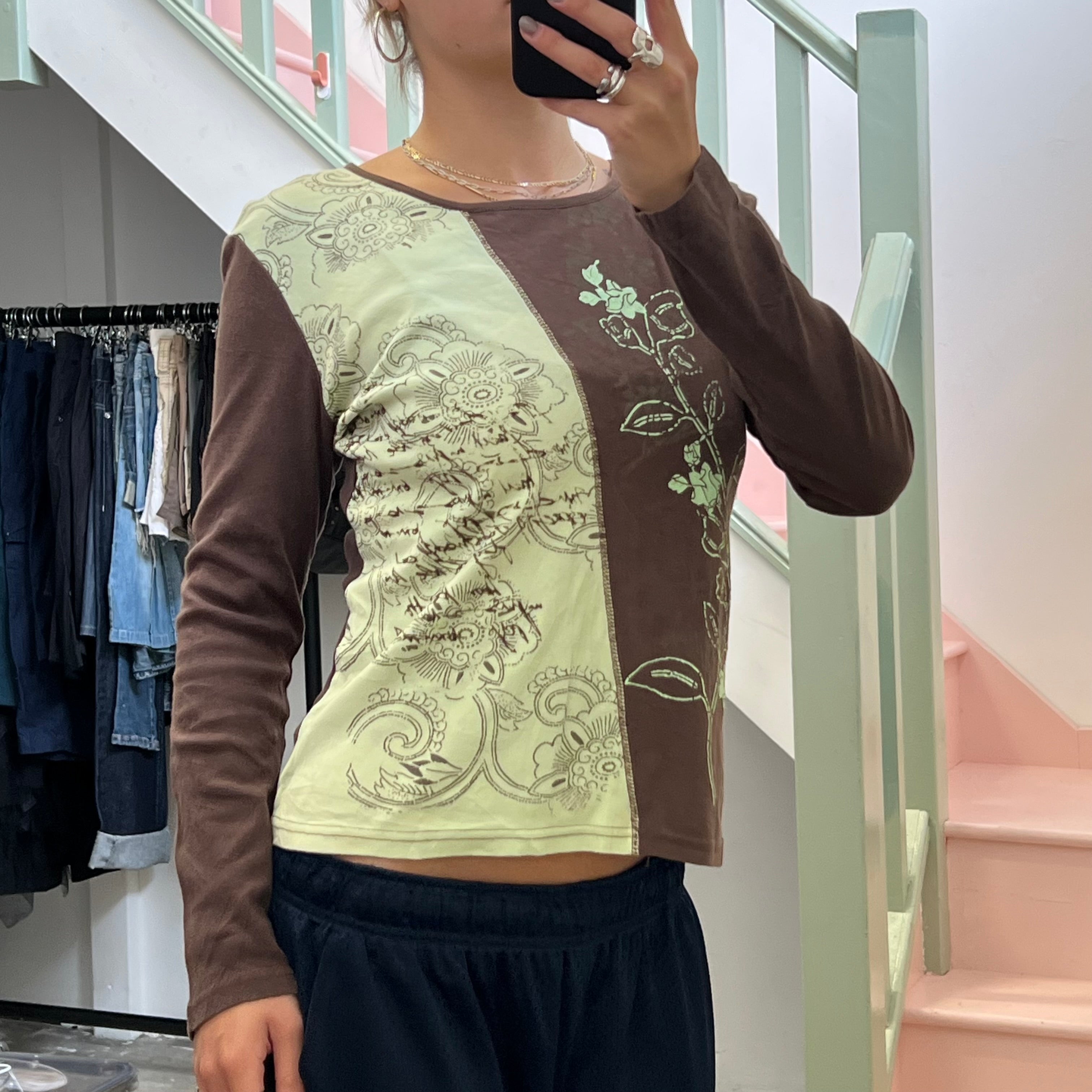 Brown and Green graphic print long sleeve top